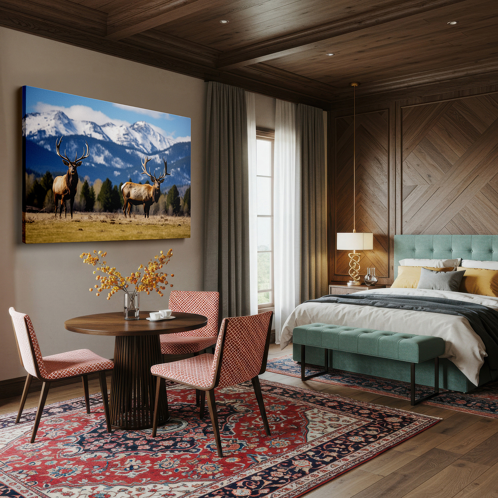 Available in 30×20 cm — a subtle addition to small personal spaces — majestic elk in expansive grassy field with snow-capped mountains panoramic large wall art, canvas wall decor for office and bedroom