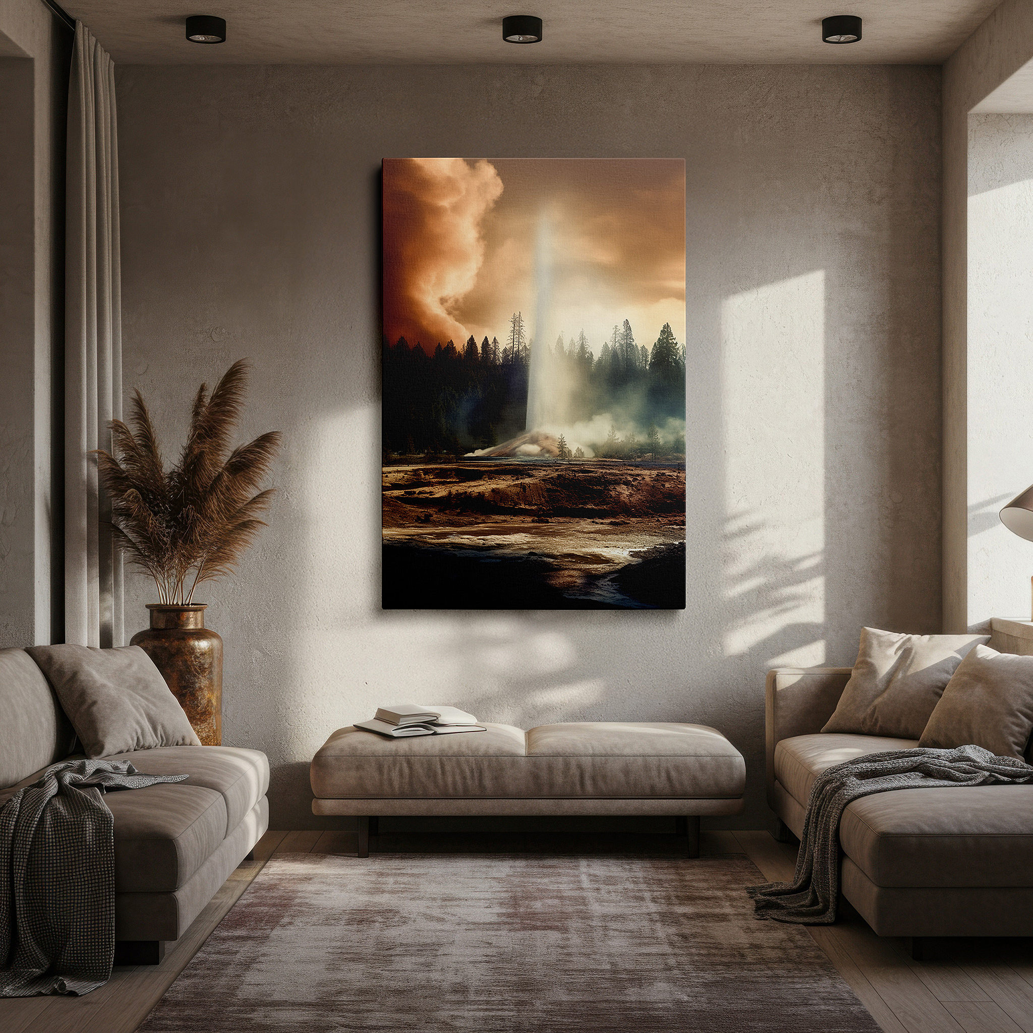 Available in 30×20 cm — a subtle addition to small personal spaces — majestic geyser eruption wall art featuring towering pines and stormy skies for office, bedroom, and living room decor