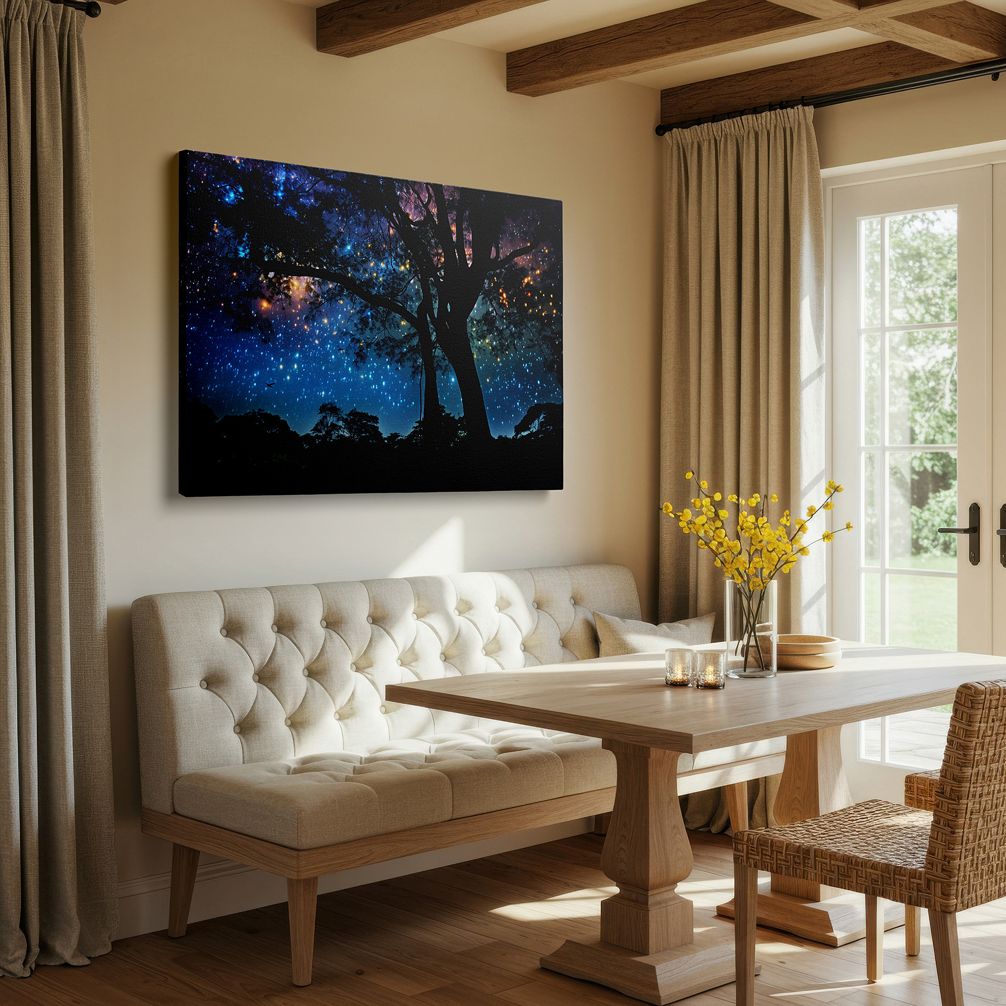 Available in 30×20 cm — a subtle addition to small personal spaces — majestic tree silhouette against a starry sky: a gateway to the infinite cosmos - large canvas wall art for home and office decor