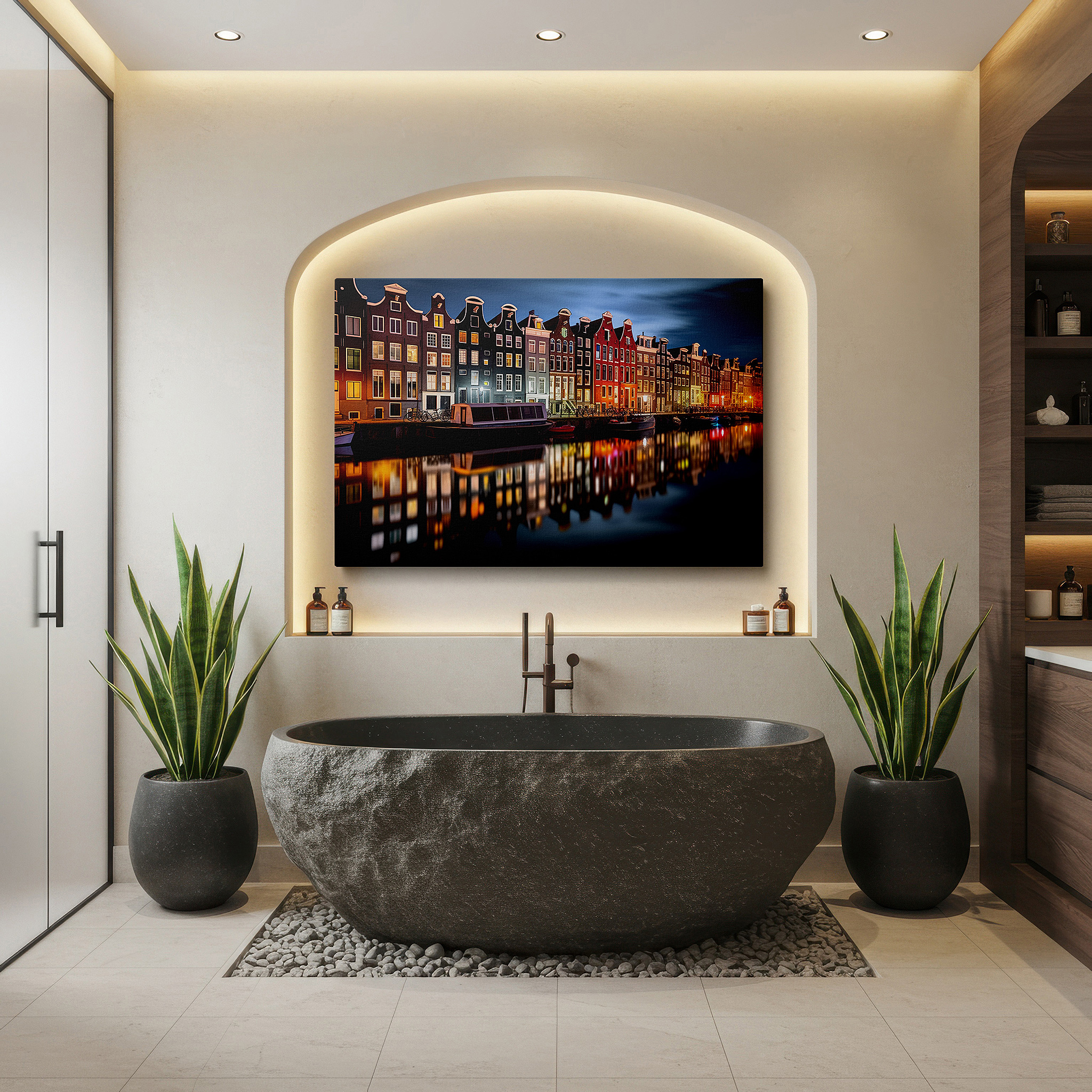 Available in 30×20 cm — a subtle addition to small personal spaces — moonlit amsterdam: enchanting canals and serene architecture large wall art, canvas wall art, wall decor for office