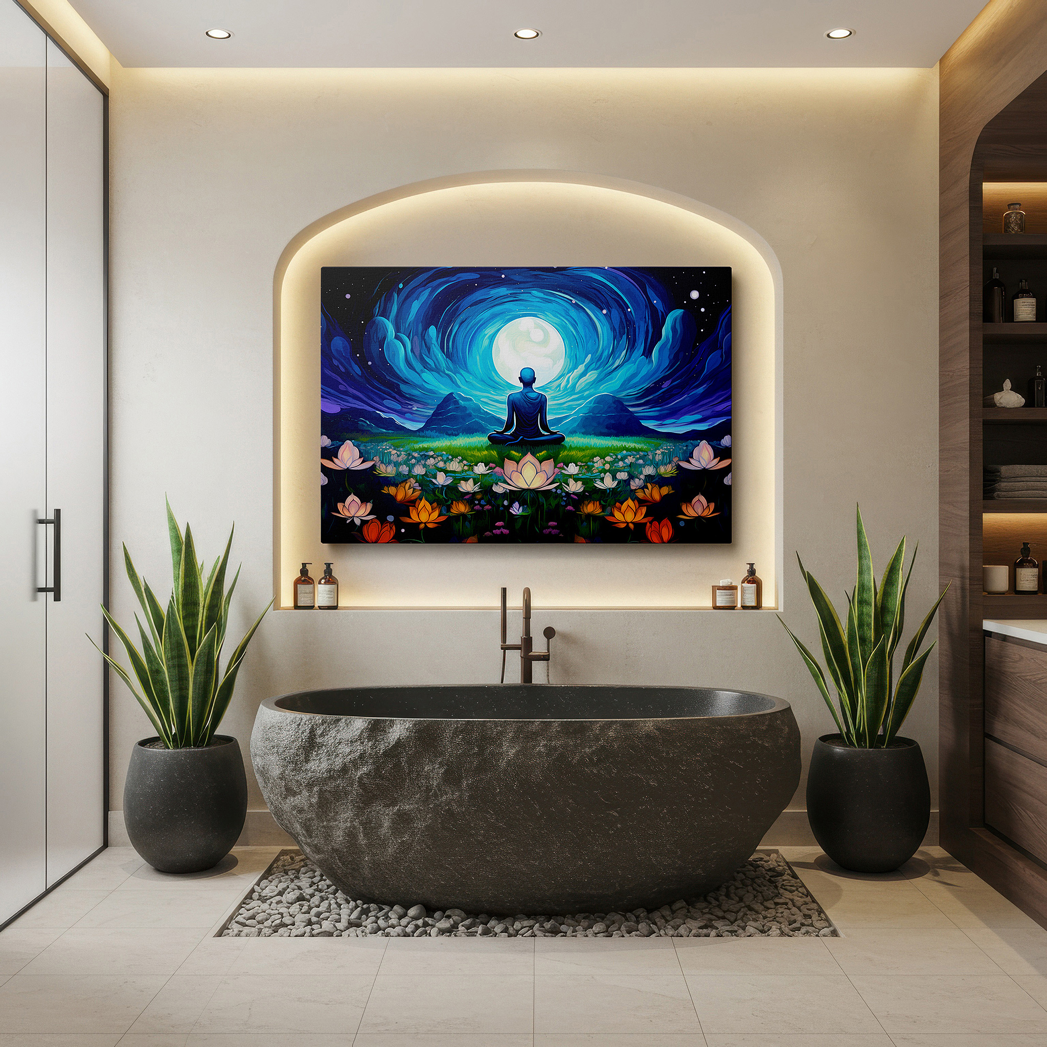 Available in 30×20 cm — a subtle addition to small personal spaces — moonlit meditation - serene ethereal glow with vibrant florals large wall art, canvas wall art, wall decor for office and bedroom