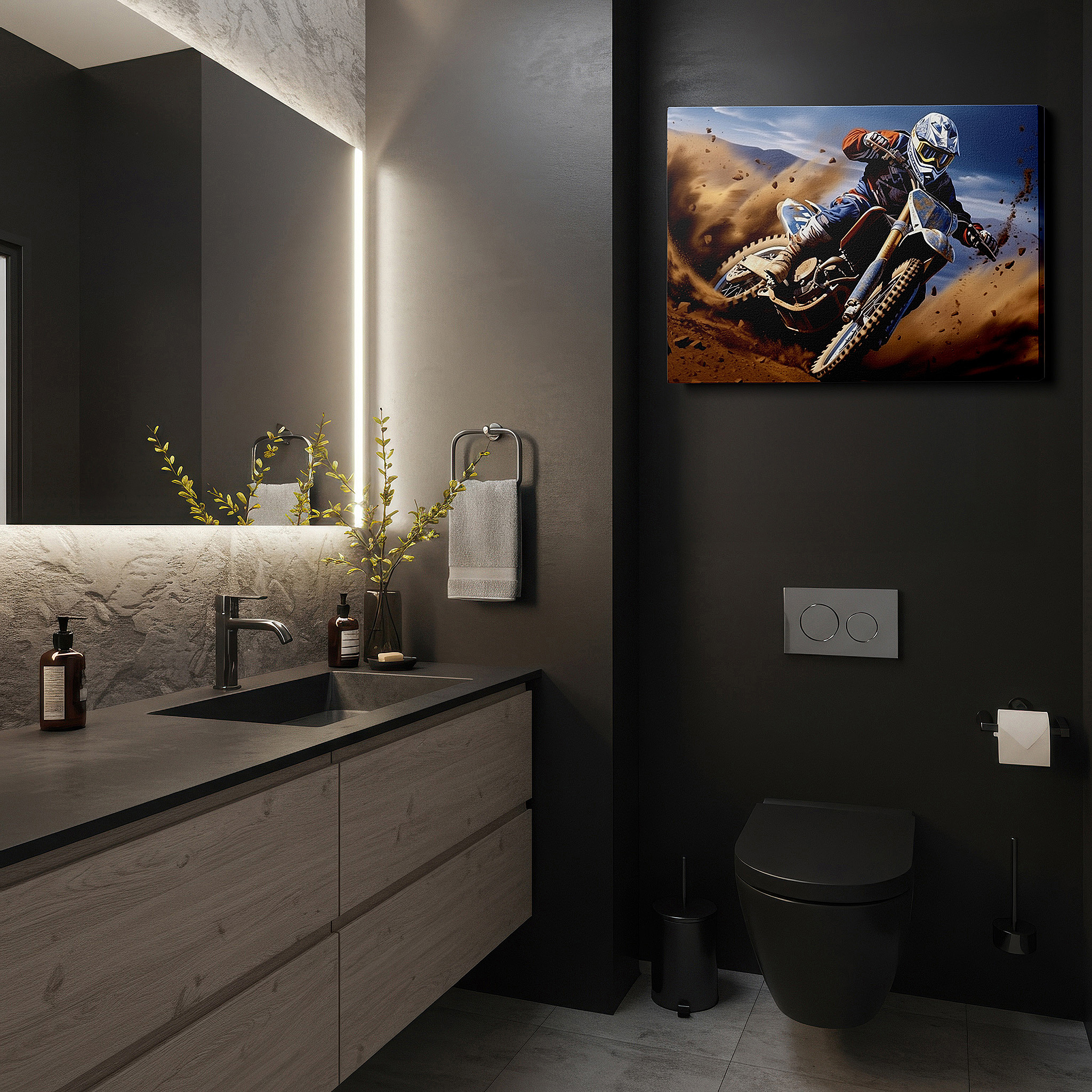 Available in 30×20 cm — a subtle addition to small personal spaces — motocross racer wall art: dynamic scene with swirling dust, symbolizing motion and excitement - large canvas for home or office decor