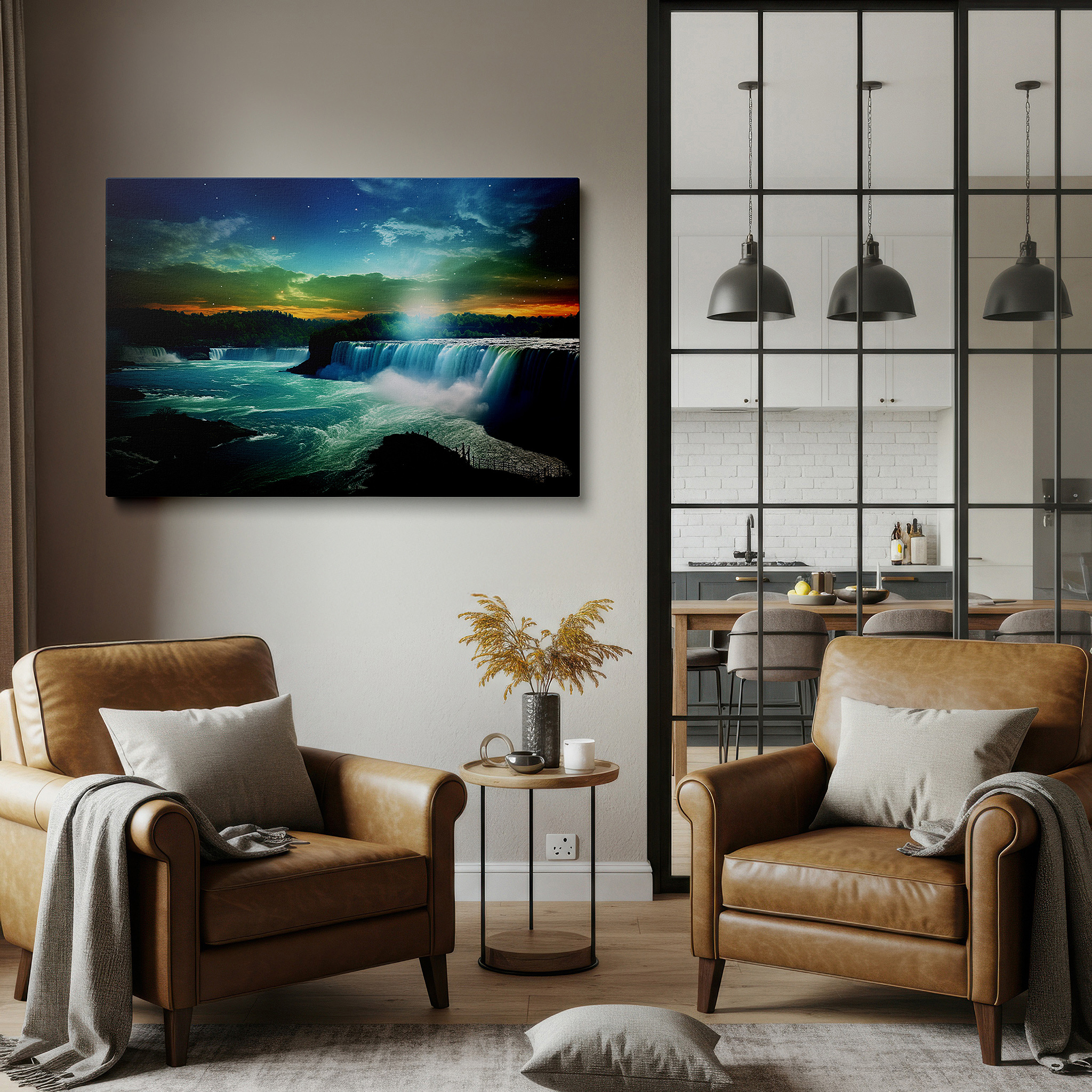 Available in 30×20 cm — a subtle addition to small personal spaces — niagara falls at dawn: a stunning exhibition of waterfalls and radiant skies - large canvas wall art for home and office decor