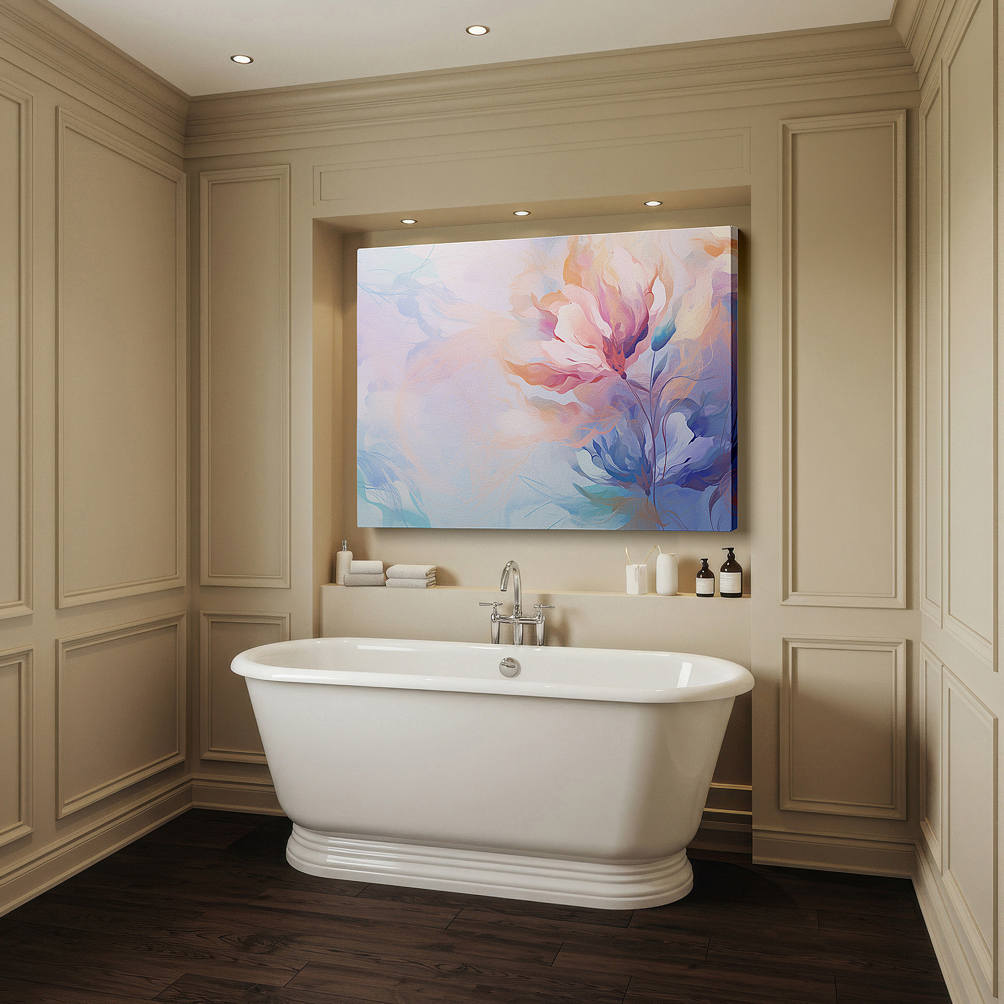 Available in 30×20 cm — a subtle addition to small personal spaces — pastel floral dream abstract: tranquil sanctuary large wall art, canvas decor for office and bedroom