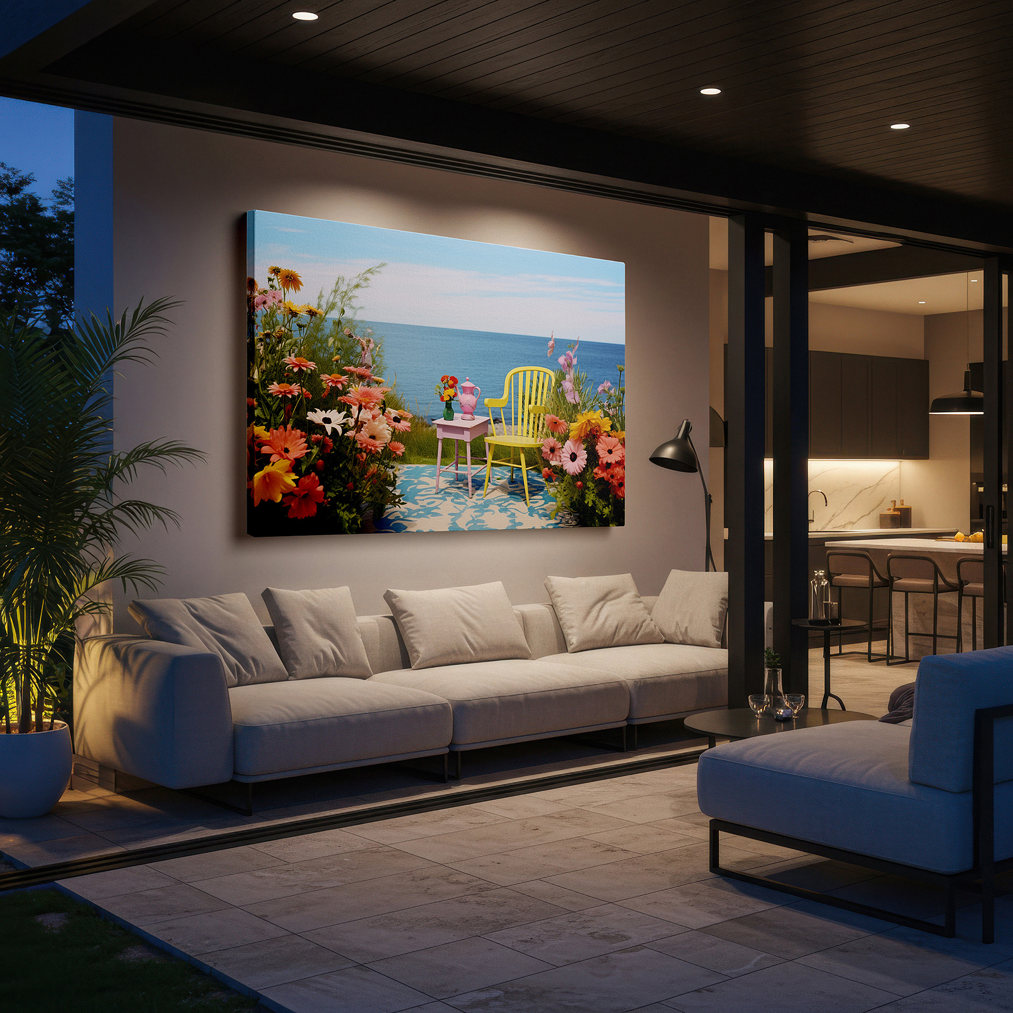 Available in 30×20 cm — a subtle addition to small personal spaces — a peaceful coastal retreat featuring bright summer hues and calm ocean views: large wall art, canvas wall art, wall decor for offices and bedrooms