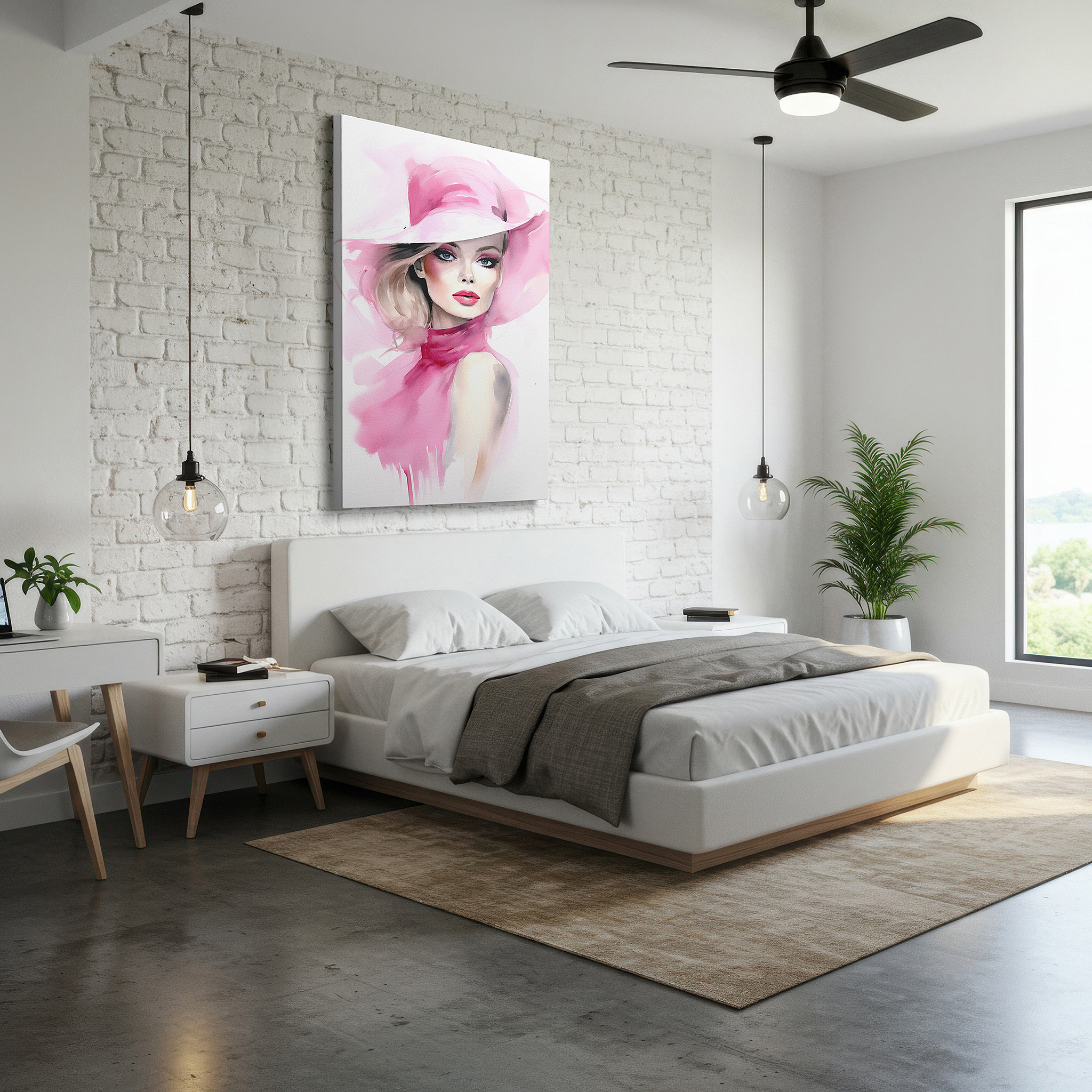 Available in 30×20 cm — a subtle addition to small personal spaces — pink essence of elegance: stylish and confident woman large wall art, canvas decor for office and bedroom