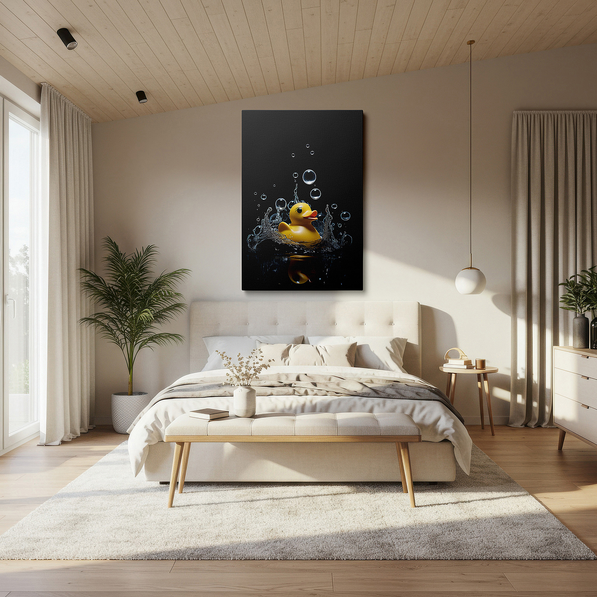 Available in 30×20 cm — a subtle addition to small personal spaces — rubber duck wall art: whimsical shadows and childhood nostalgia - large canvas decor for home and office