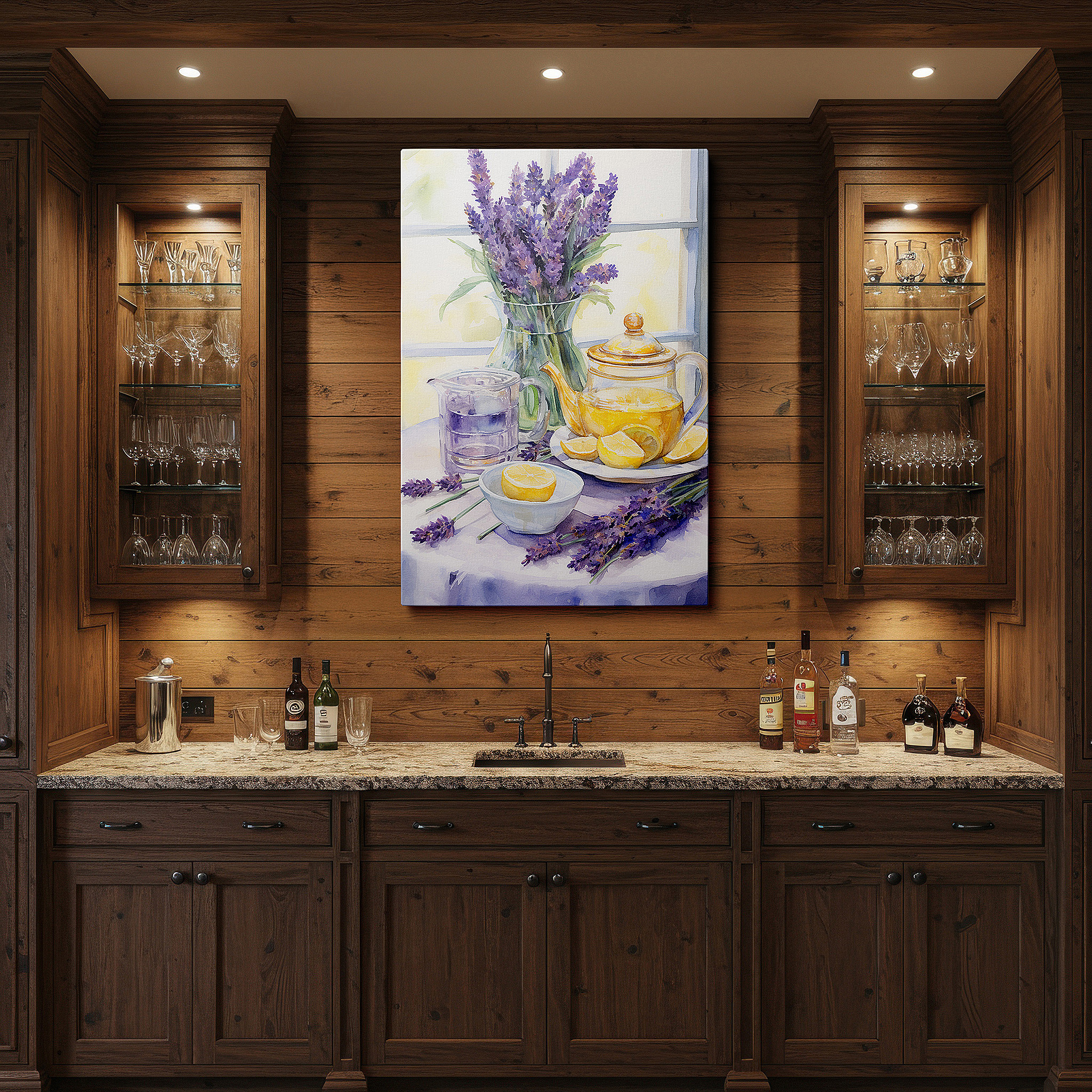 Available in 30×20 cm — a subtle addition to small personal spaces — serene afternoon wall art: tea, lemons, and lavender in sunlit elegance - large canvas decor for office and bedroom