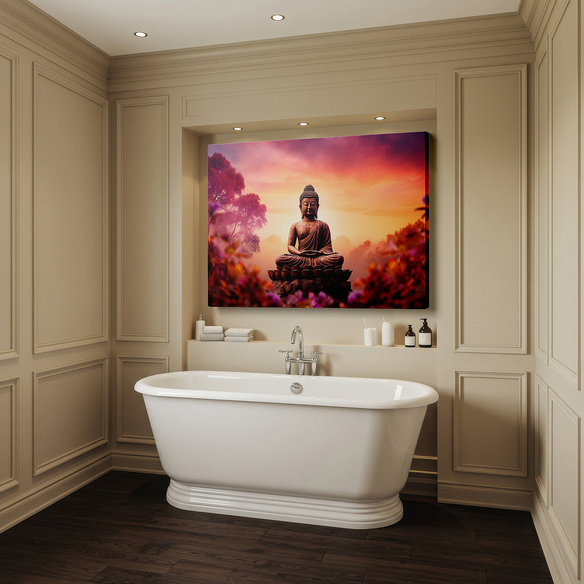 Available in 30×20 cm — a subtle addition to small personal spaces — serene buddha amidst sunlit blossoms: a tranquil fusion of light and spirit - large canvas wall art for office and bedroom decor