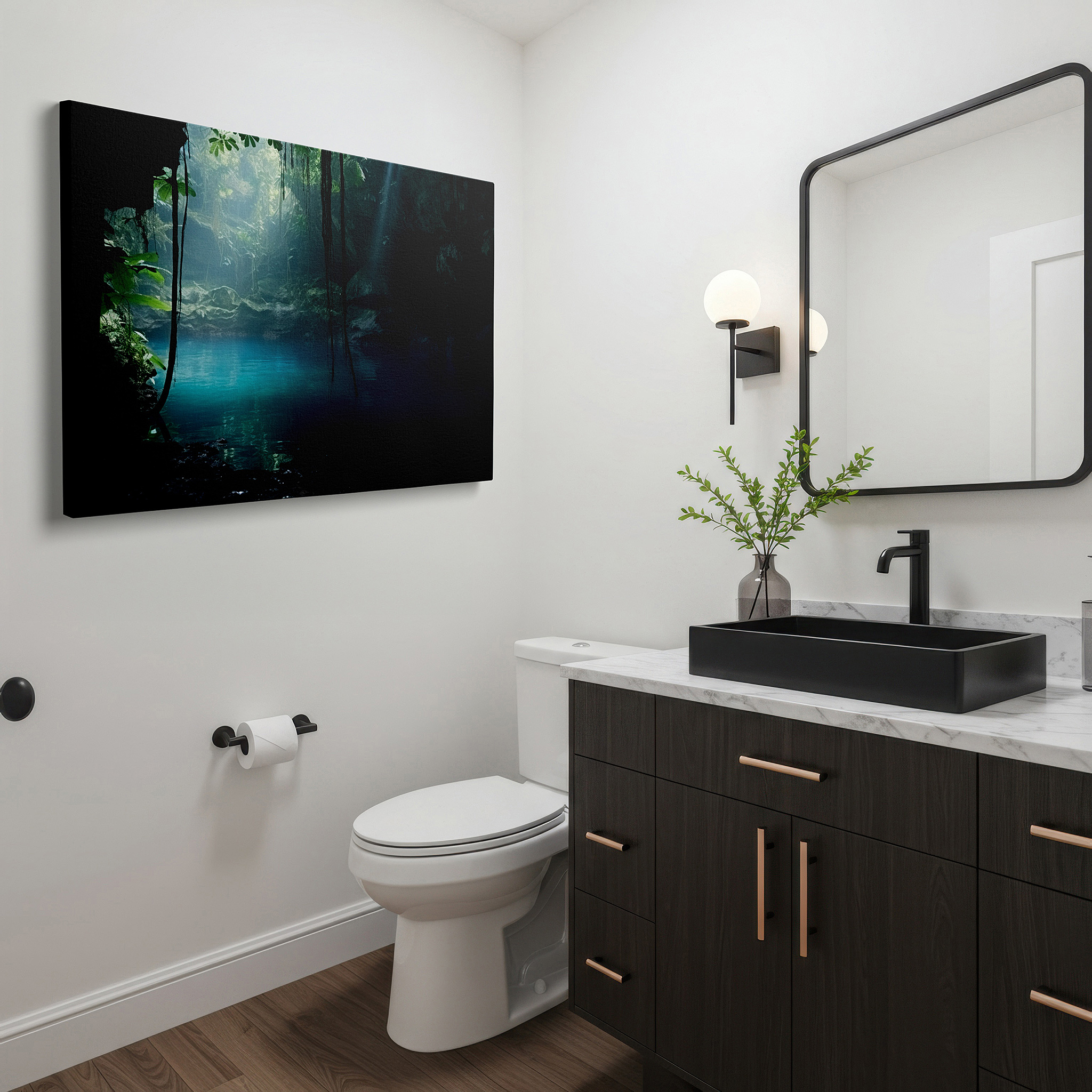 Available in 30×20 cm — a subtle addition to small personal spaces — serene cave pool surrounded by verdant greenery and soft light - oversized wall art, canvas print, home and office decor, suitable for living rooms and bedrooms