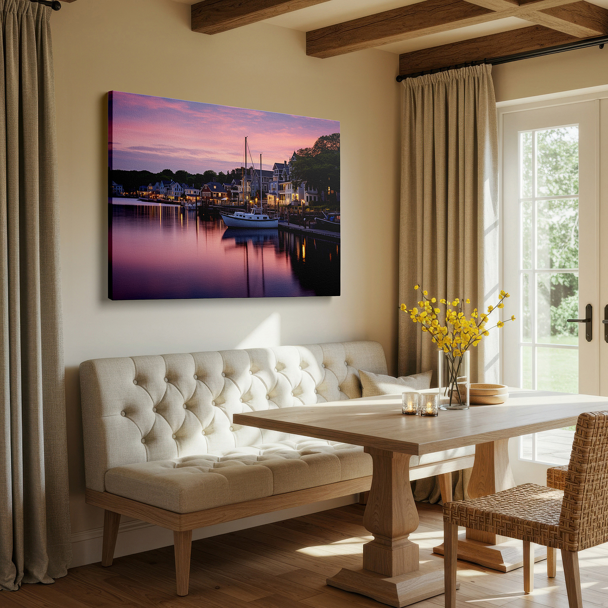 Available in 30×20 cm — a subtle addition to small personal spaces — serene dockside dusk - tranquil coastal evening wall art in vibrant hues, large canvas for home and office decor, perfect for living room and bedroom