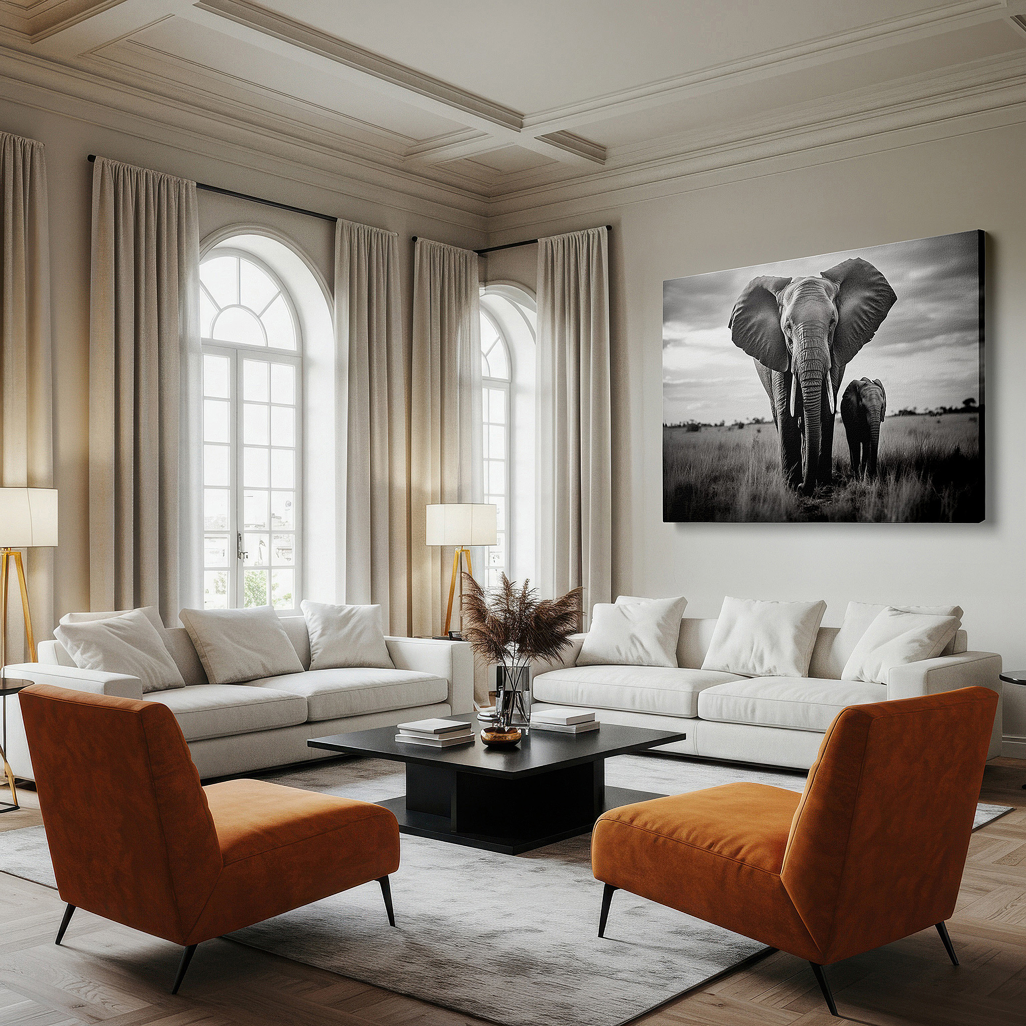 Available in 30×20 cm — a subtle addition to small personal spaces — serene elephants beneath a cloudy sky - tranquil wildlife scene large wall art, canvas wall art, wall decor for office and bedroom