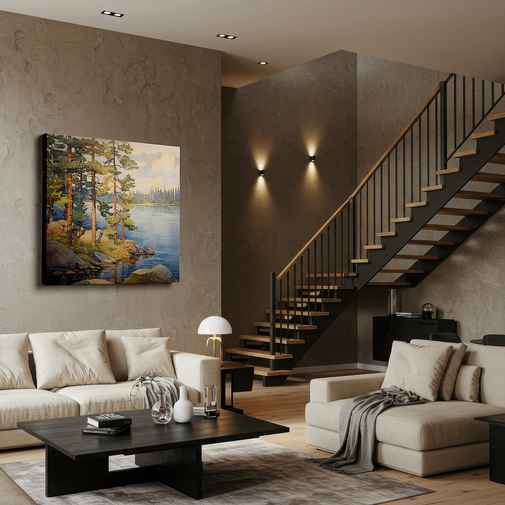 Available in 30×20 cm — a subtle addition to small personal spaces — serene lake and towering pines mirroring mountain peaks on calm waters, large canvas wall art for office and bedroom decor