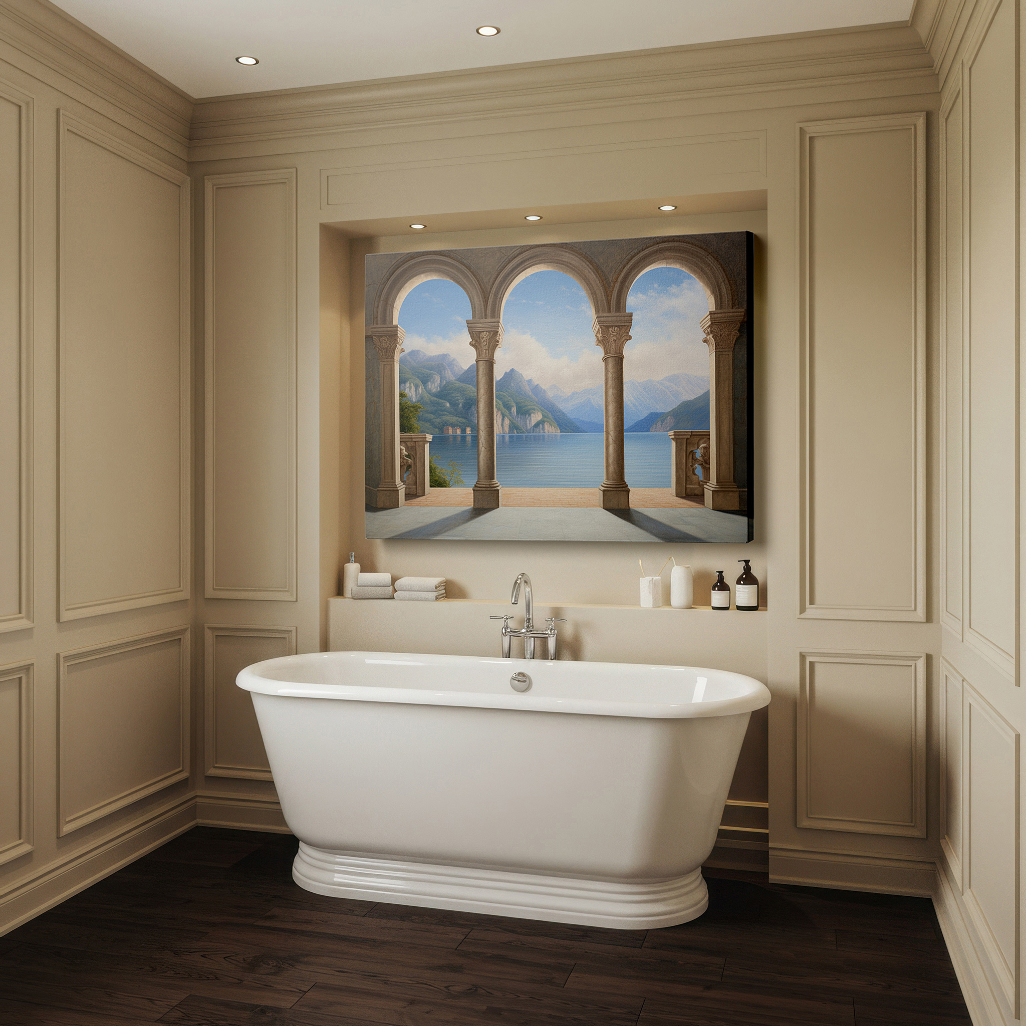 Available in 30×20 cm — a subtle addition to small personal spaces — serene mountain lake and lush valleys view through arched windows, tranquil landscape large wall art, canvas wall decor for office