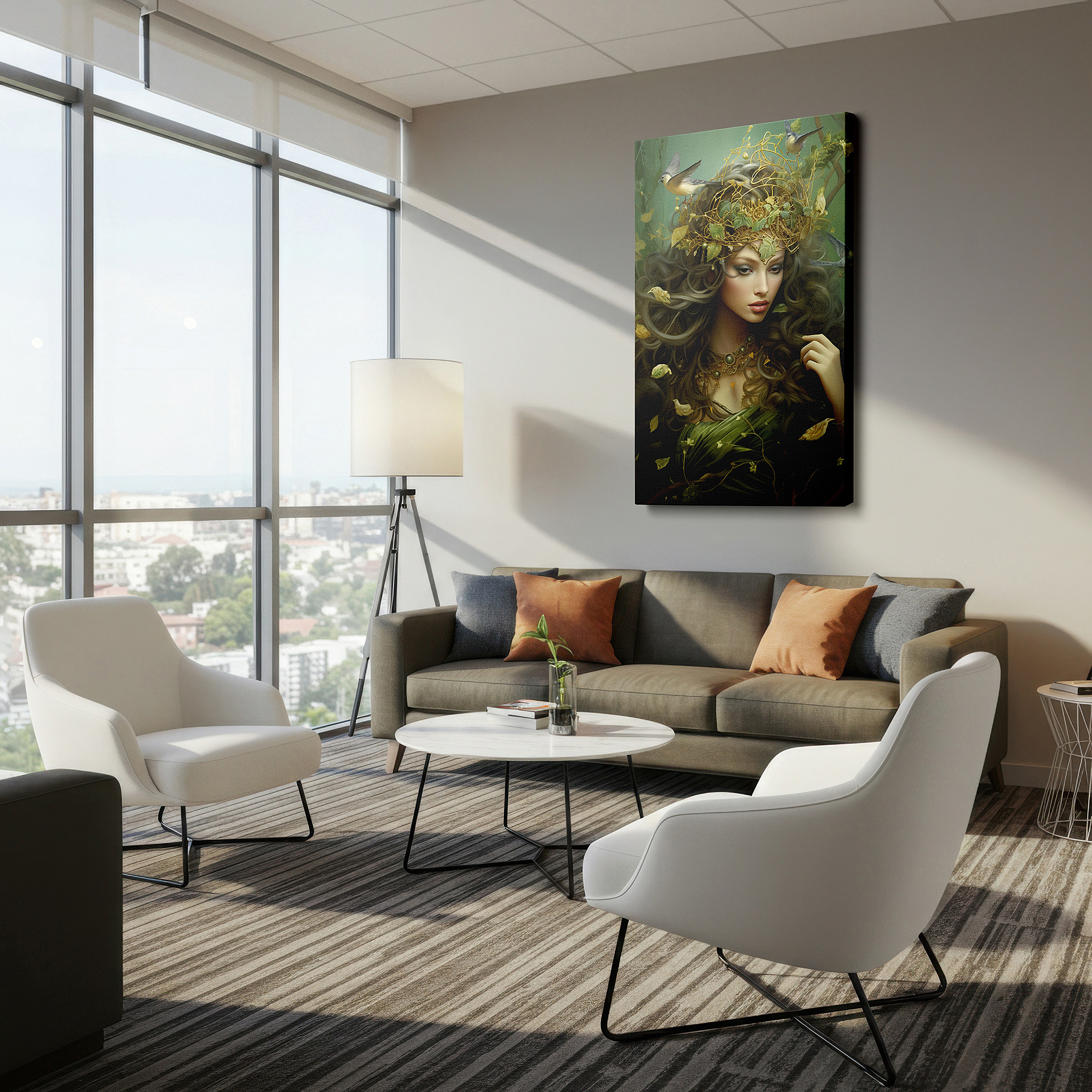 Available in 30×20 cm — a subtle addition to small personal spaces — serene protector of nature, woman surrounded by lush greenery large wall art, canvas wall art, wall decor for office and bedroom