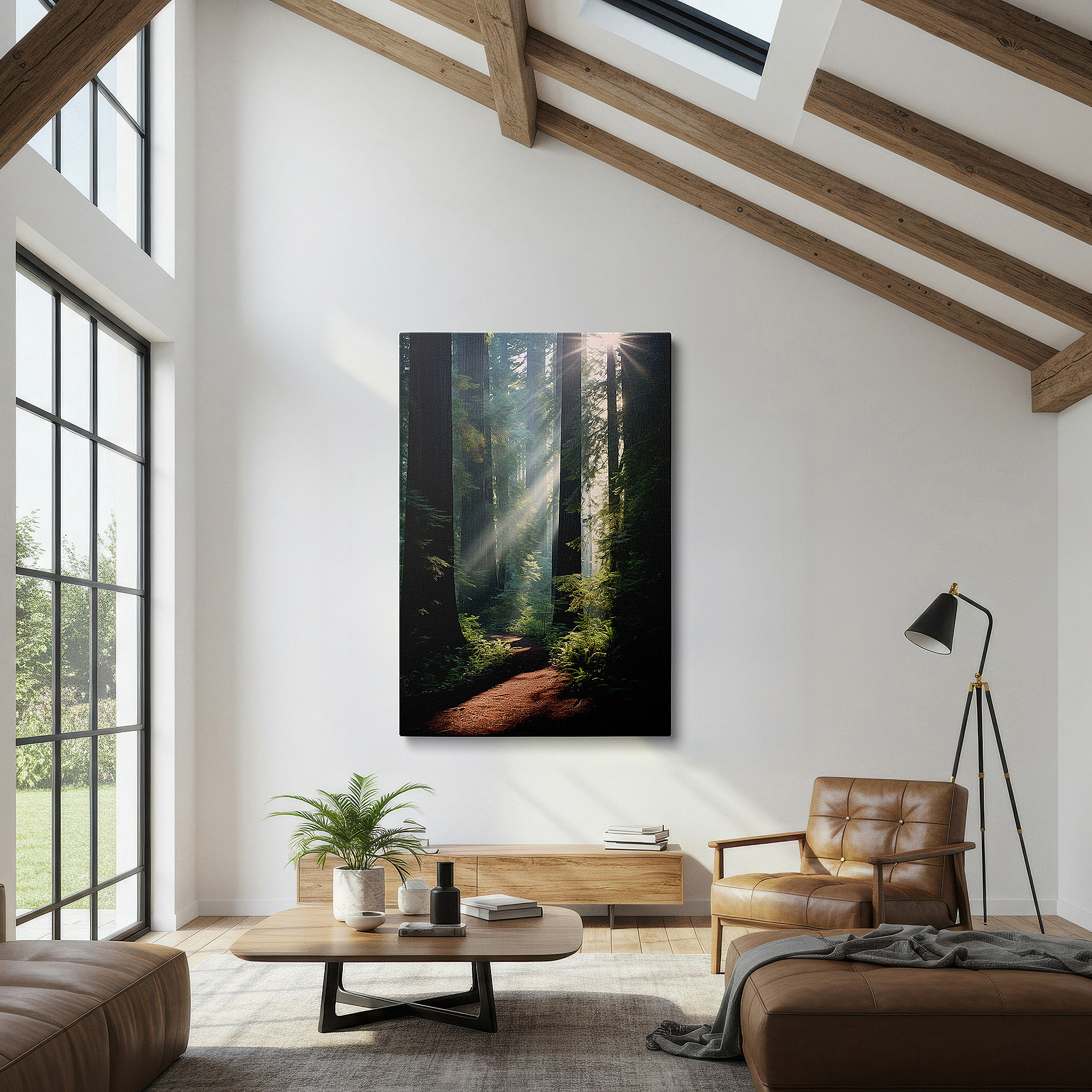 Available in 30×20 cm — a subtle addition to small personal spaces — serene redwood forest canvas: sunlit pathway - tranquil nature escape wall art for office and bedroom decor