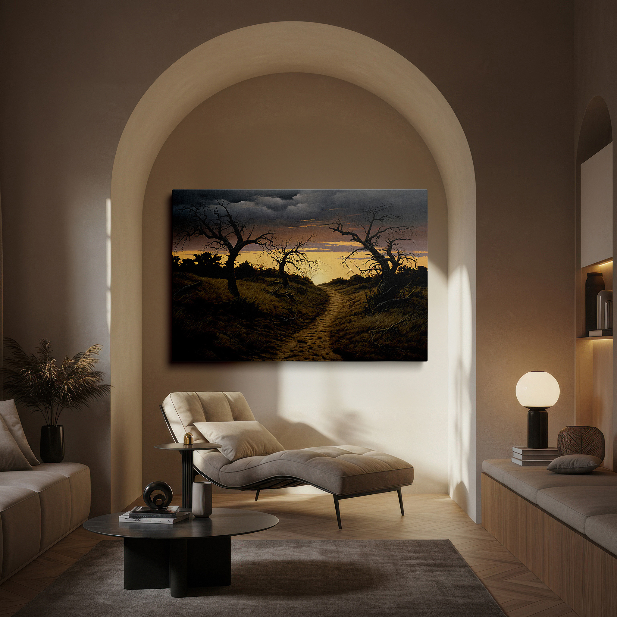 Available in 30×20 cm — a subtle addition to small personal spaces — serene sunset and silhouetted trees over tranquil landscape with luminous path - large canvas wall art for office and bedroom decor