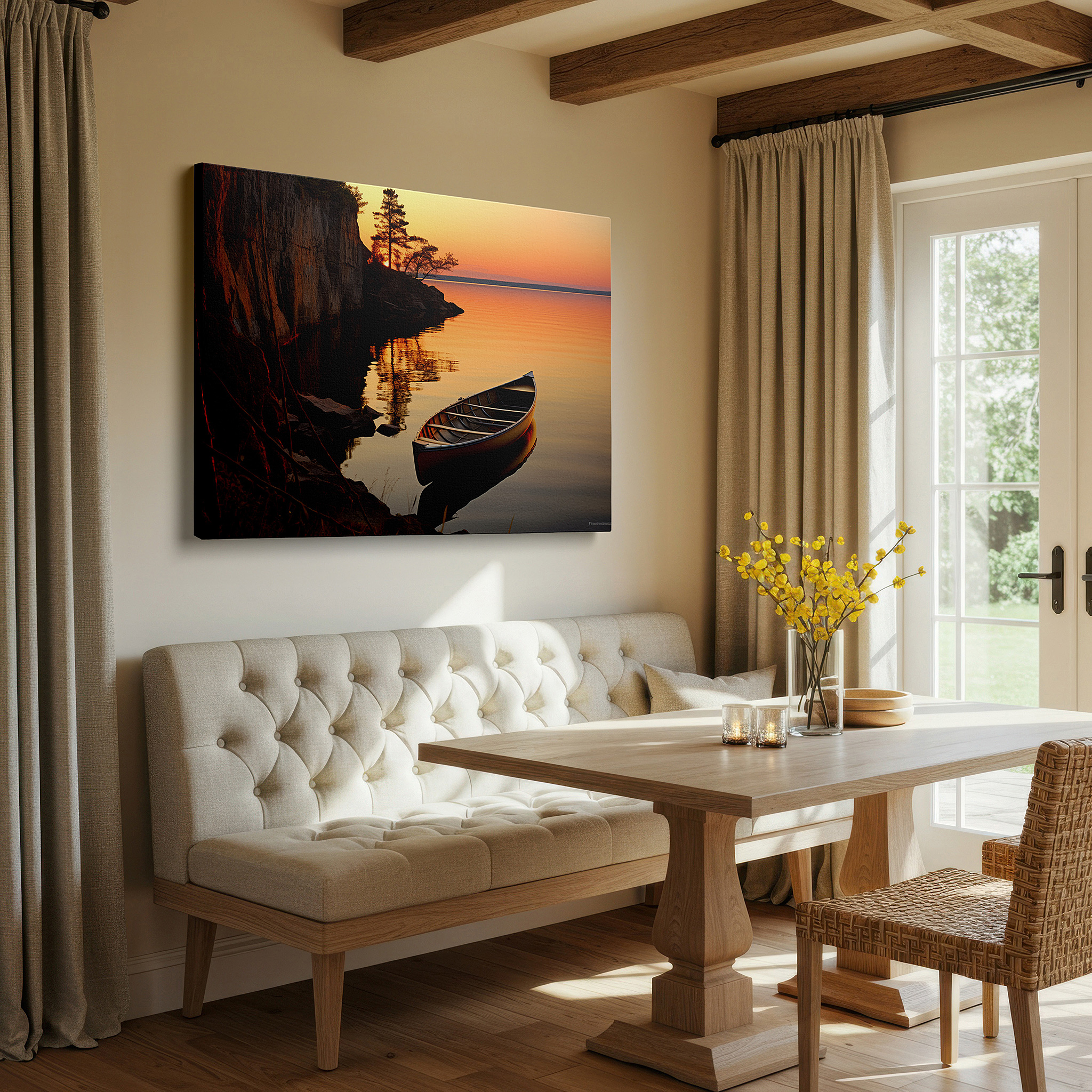 Available in 30×20 cm — a subtle addition to small personal spaces — serene sunset and tranquil lake with canoe canvas print, vivid nature reflection large wall decor for office