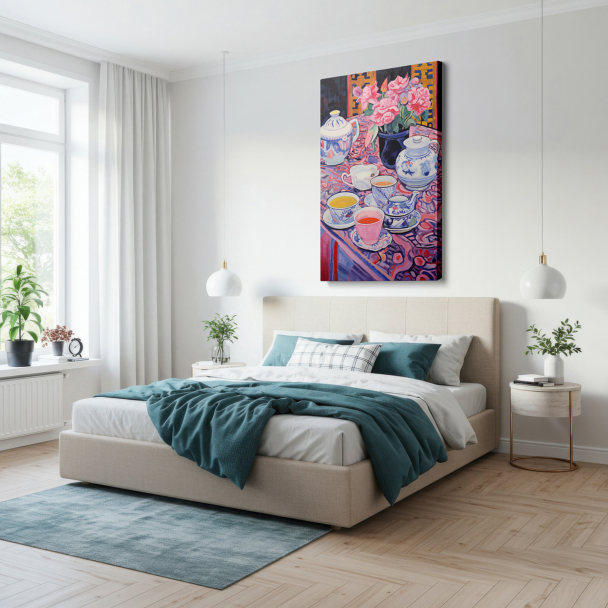 Available in 30×20 cm — a subtle addition to small personal spaces — serene tea time canvas wall art featuring vibrant flowers and luxurious textiles for office and bedroom decor
