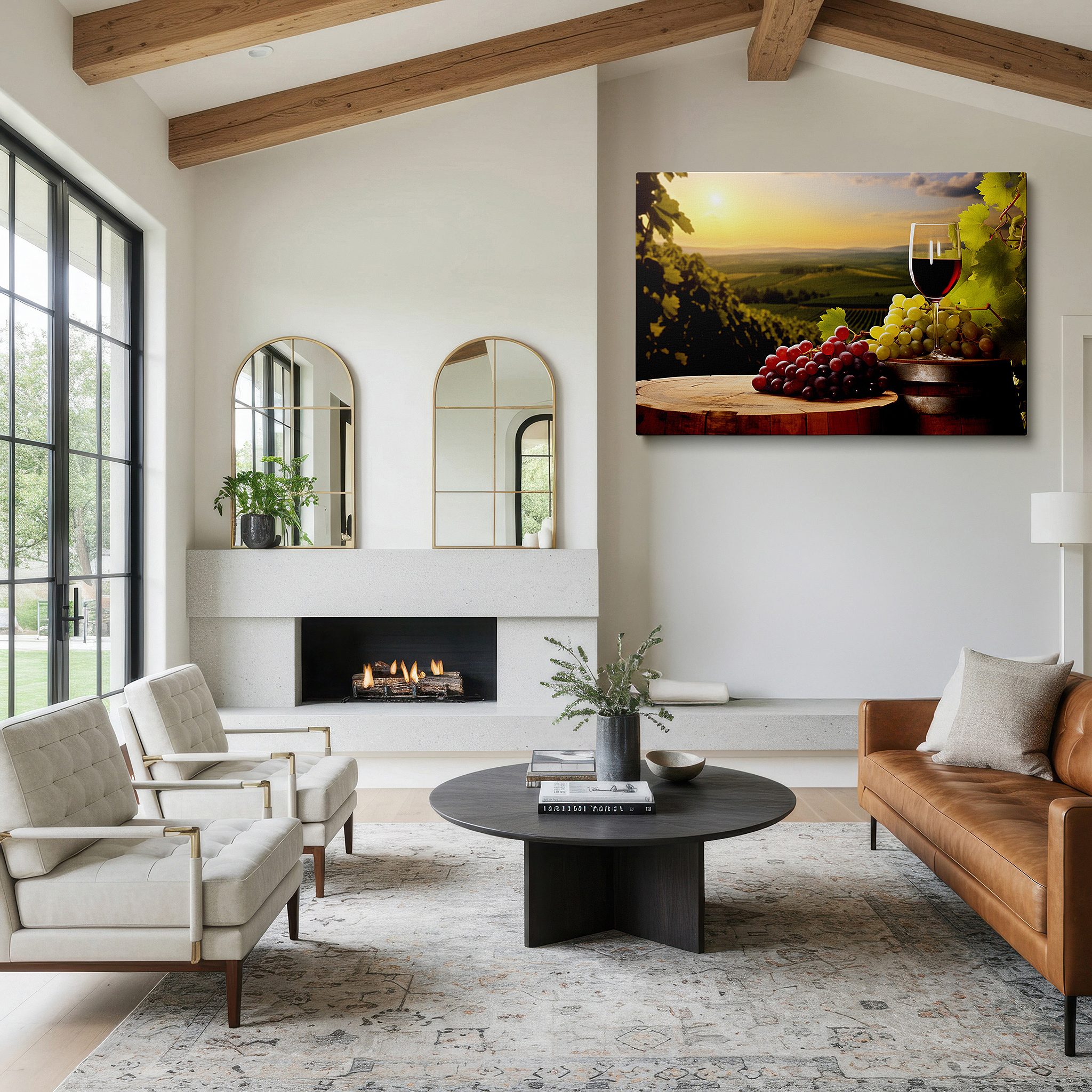 Available in 30×20 cm — a subtle addition to small personal spaces — serene vineyard evening featuring red wine and fresh grapes beneath a golden sunset - large canvas wall art for home and office decor