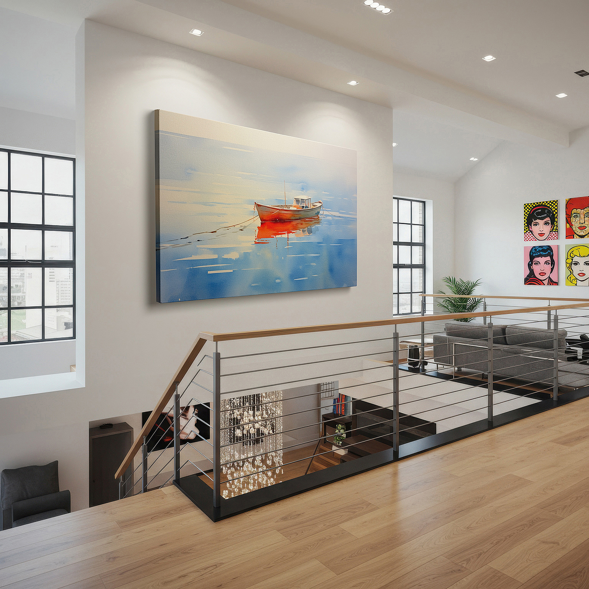 Available in 30×20 cm — a subtle addition to small personal spaces — serene waters and solitary boat: a tranquil reflection - large canvas wall art for office and bedroom decor