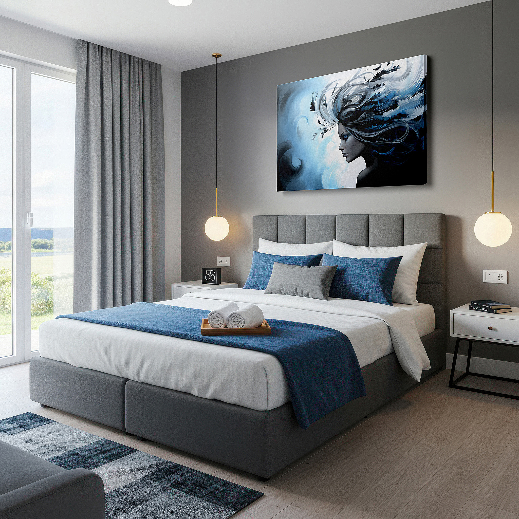 Available in 30×20 cm — a subtle addition to small personal spaces — serene woman caressed by breeze, symphony of calm blues and soft whispers, large canvas wall art for office and bedroom decor