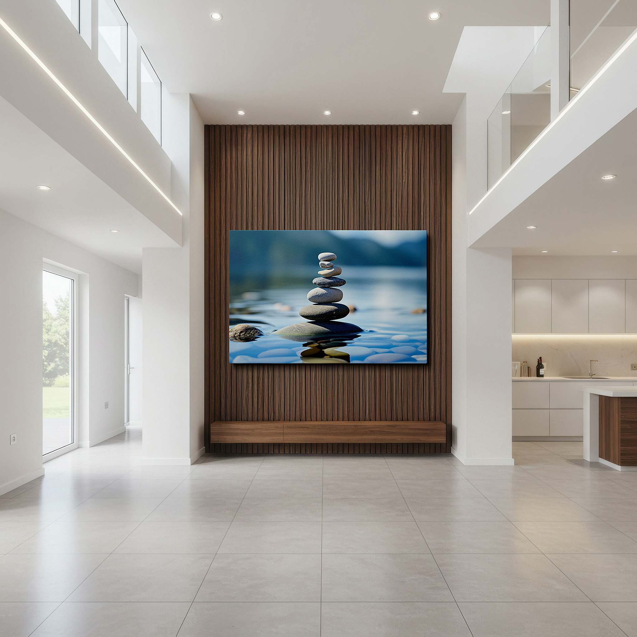 Available in 30×20 cm — a subtle addition to small personal spaces — serenity in balance - stones balanced on peaceful waters mirroring sky and spirit, large wall art, canvas wall art, wall decor for office and bedroom