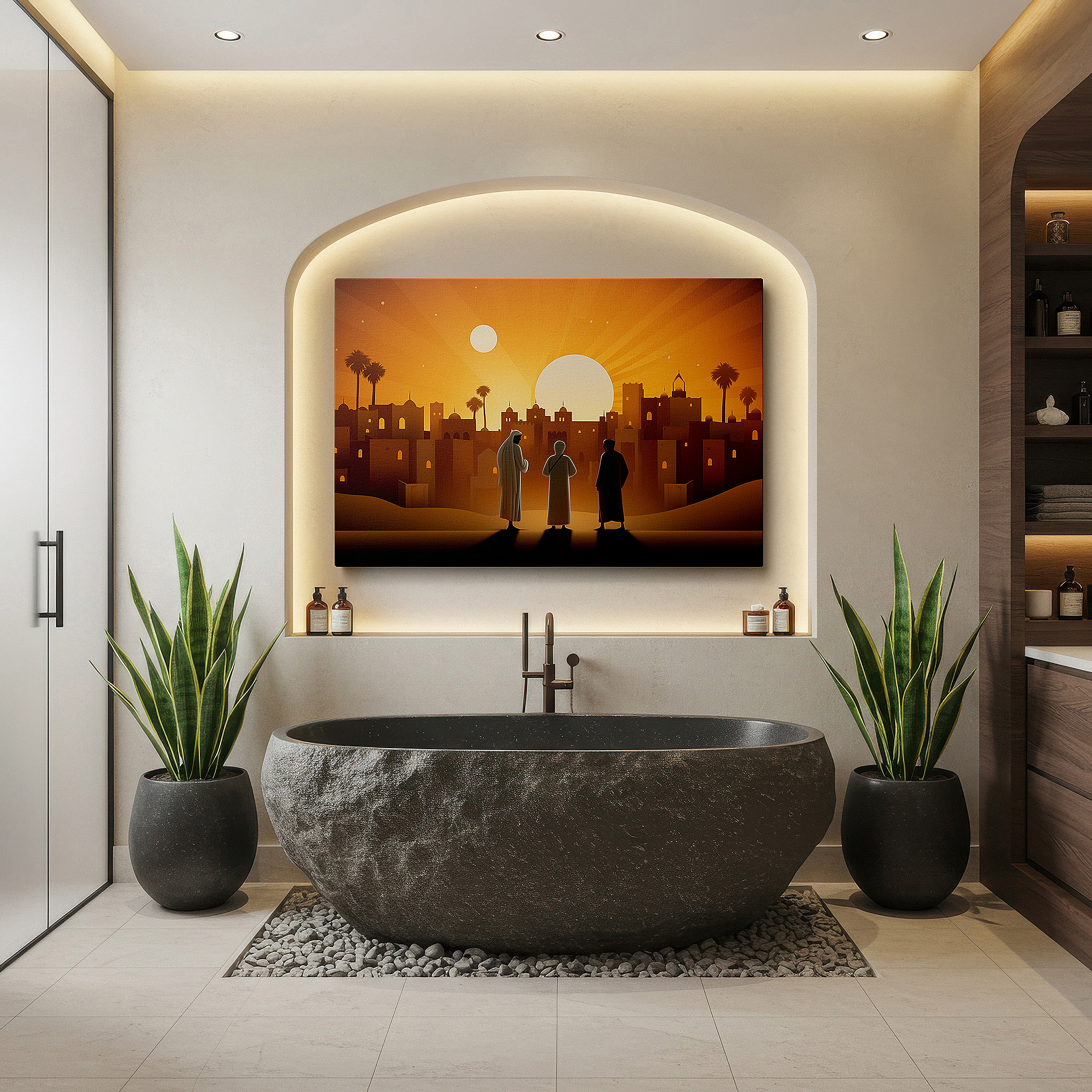 Available in 30×20 cm — a subtle addition to small personal spaces — silhouetted figures gazing at an ancient city at sunset: a mysterious and historical tapestry - large canvas wall art for home and office decor