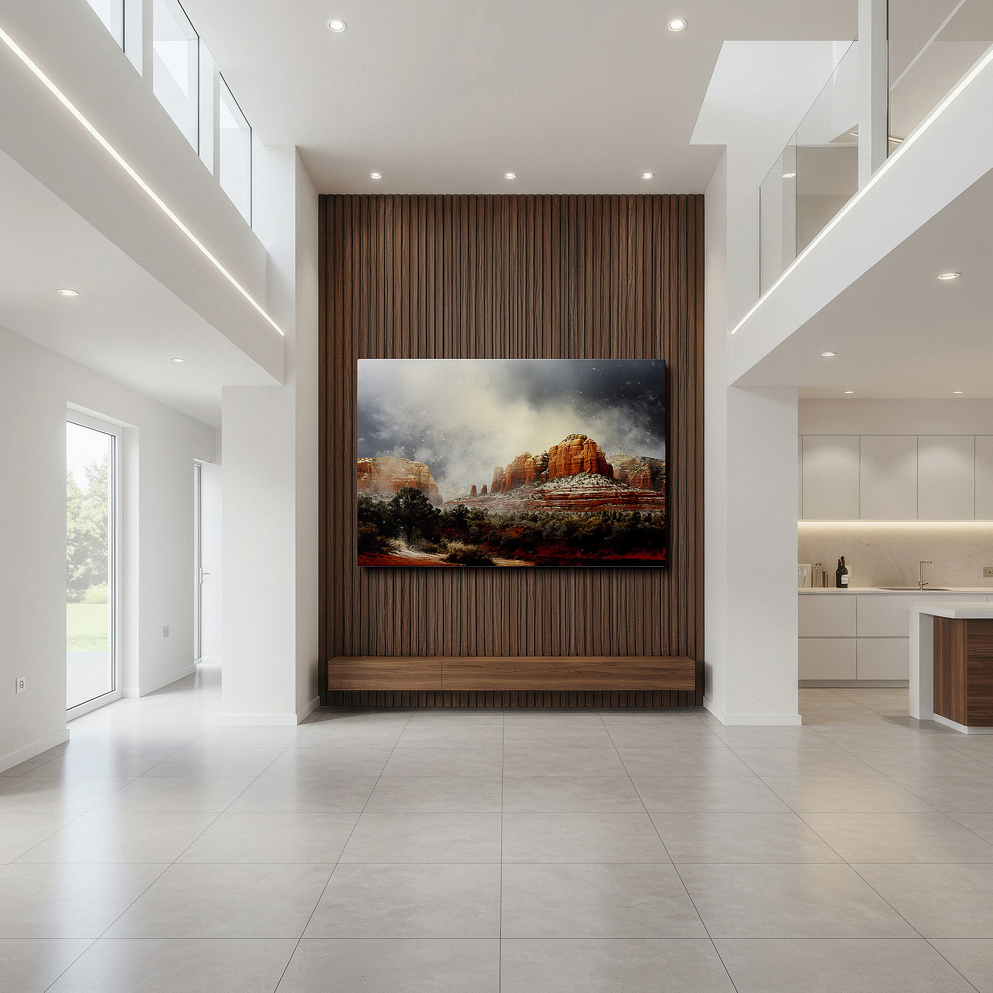 Available in 30×20 cm — a subtle addition to small personal spaces — stormy landscape with snowfall over majestic red rock mountains - large canvas wall art for emotional and visual impact, ideal for home and office decor