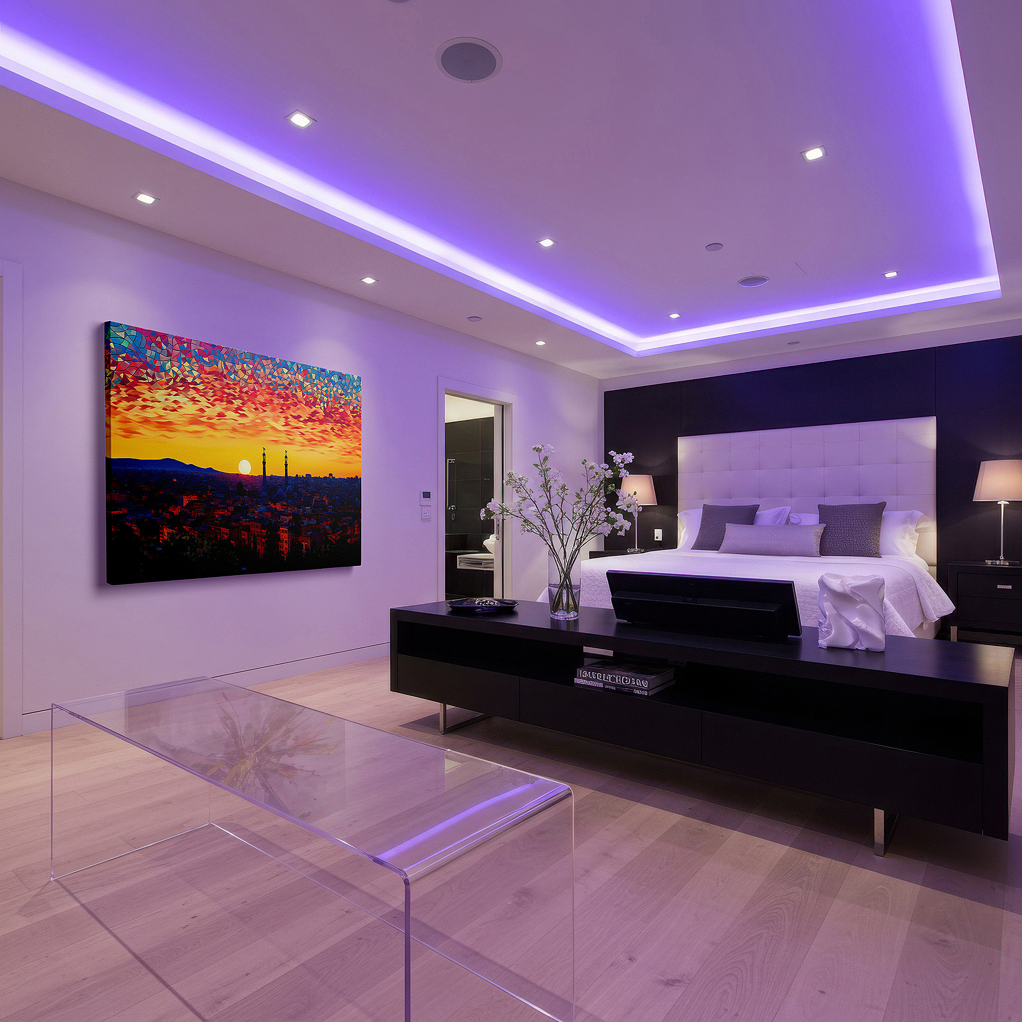 Available in 30×20 cm — a subtle addition to small personal spaces — sunset and city skyline canvas with mountain silhouettes - large wall art for office, bedroom, and living room decor