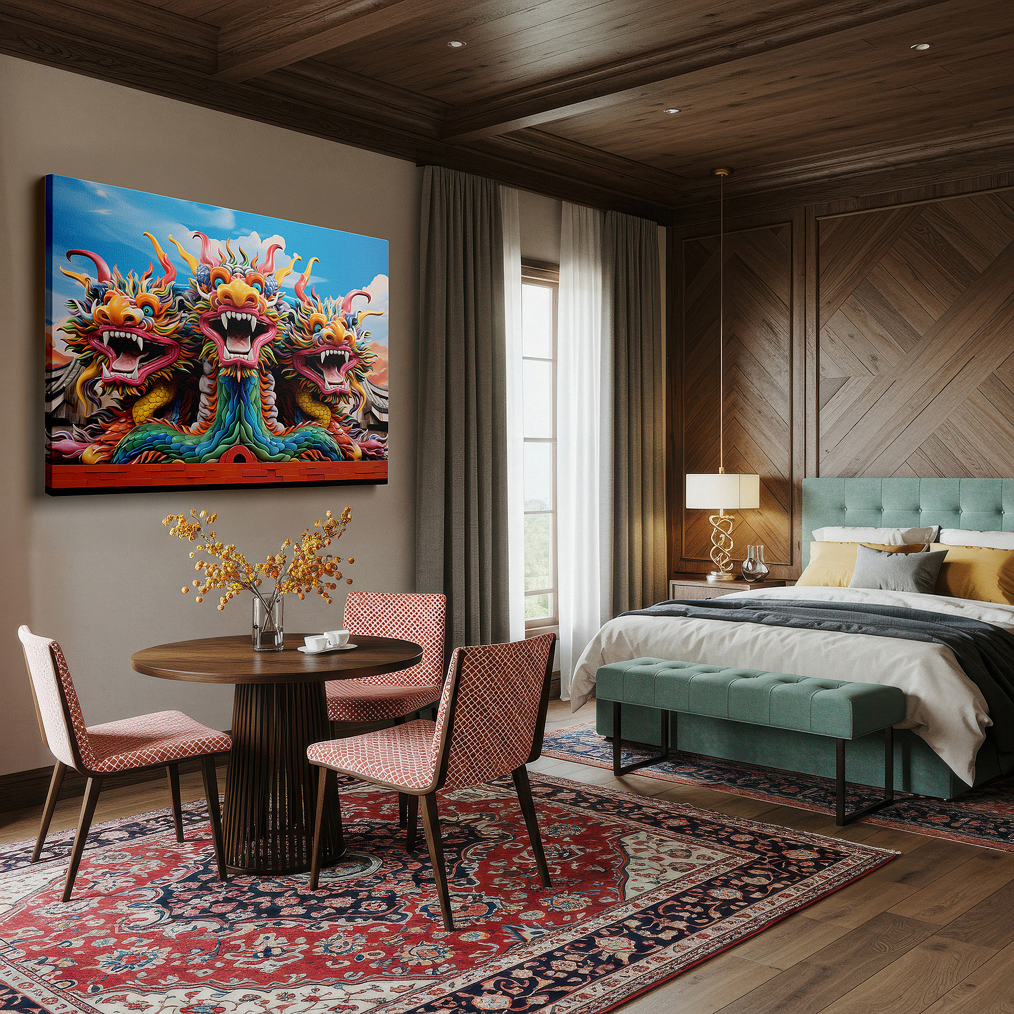 Available in 30×20 cm — a subtle addition to small personal spaces — three-headed dragon wall art: a majestic and symbolic representation of asian mythology, ideal for home and office decor, available as large canvas wall art