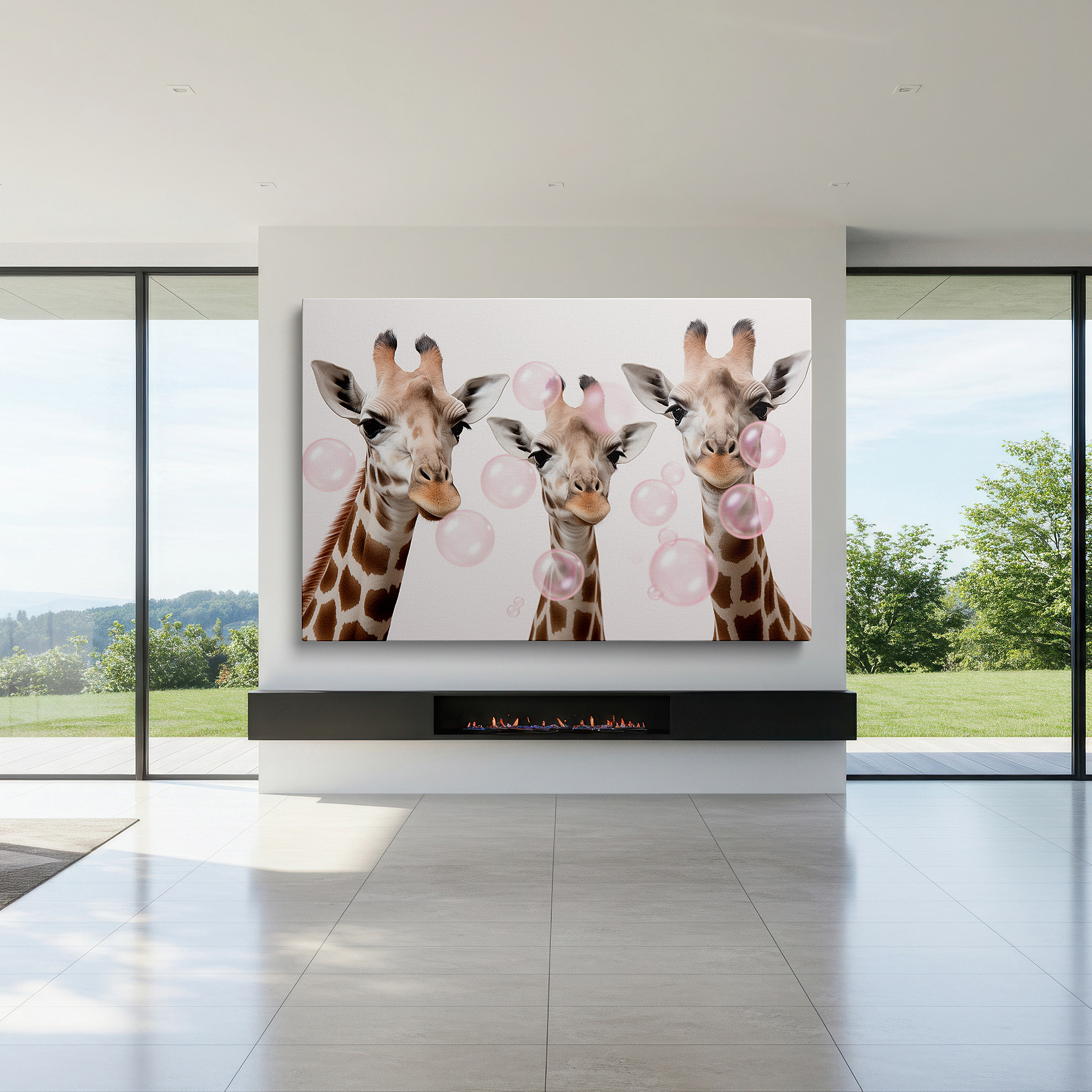 Available in 30×20 cm — a subtle addition to small personal spaces — three joyful giraffes among sparkling bubbles, whimsical delight large wall art, canvas wall art, wall decor for office and bedroom