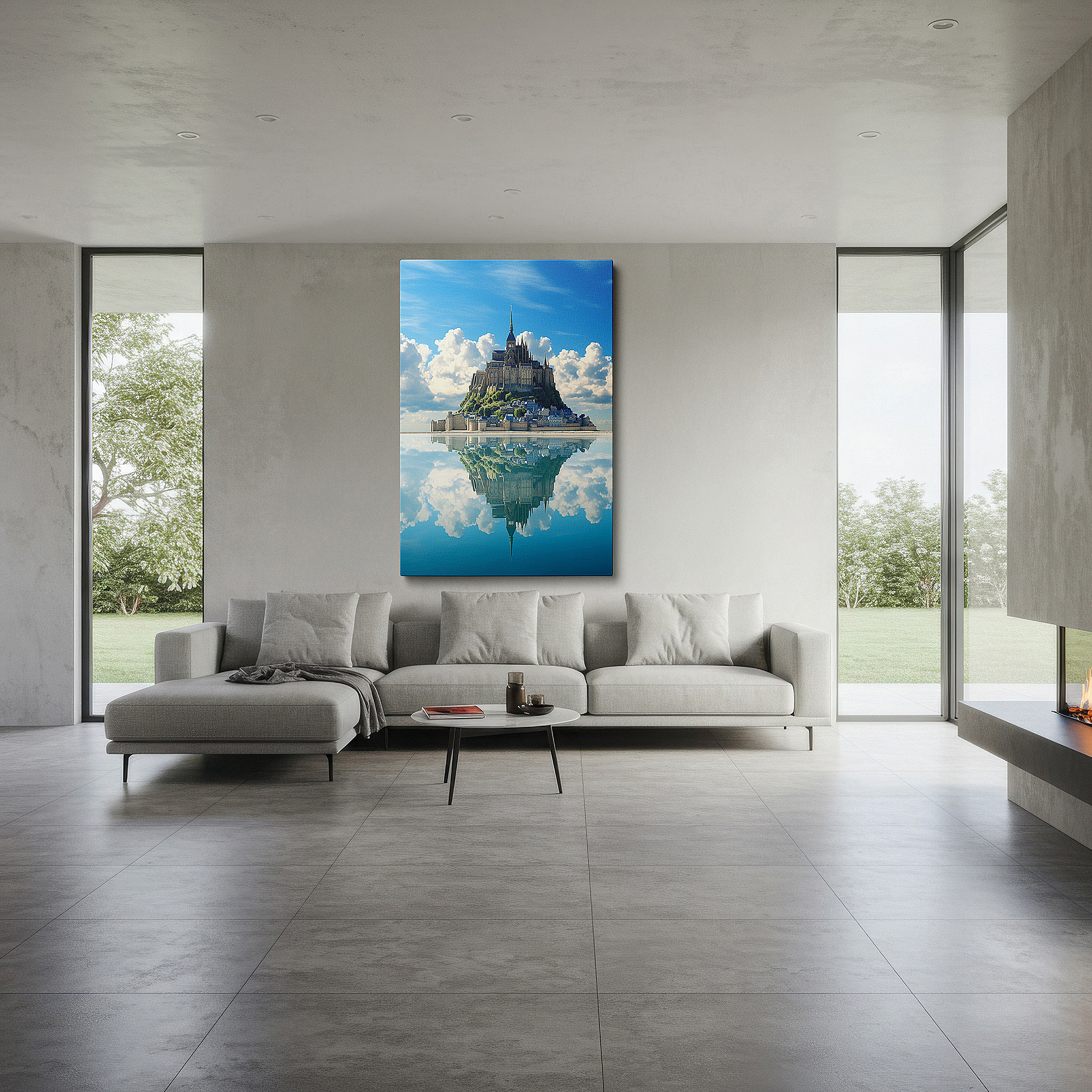 Available in 30×20 cm — a subtle addition to small personal spaces — tranquil island castle wall art: reflecting architectural majesty in serene waters, large canvas decor