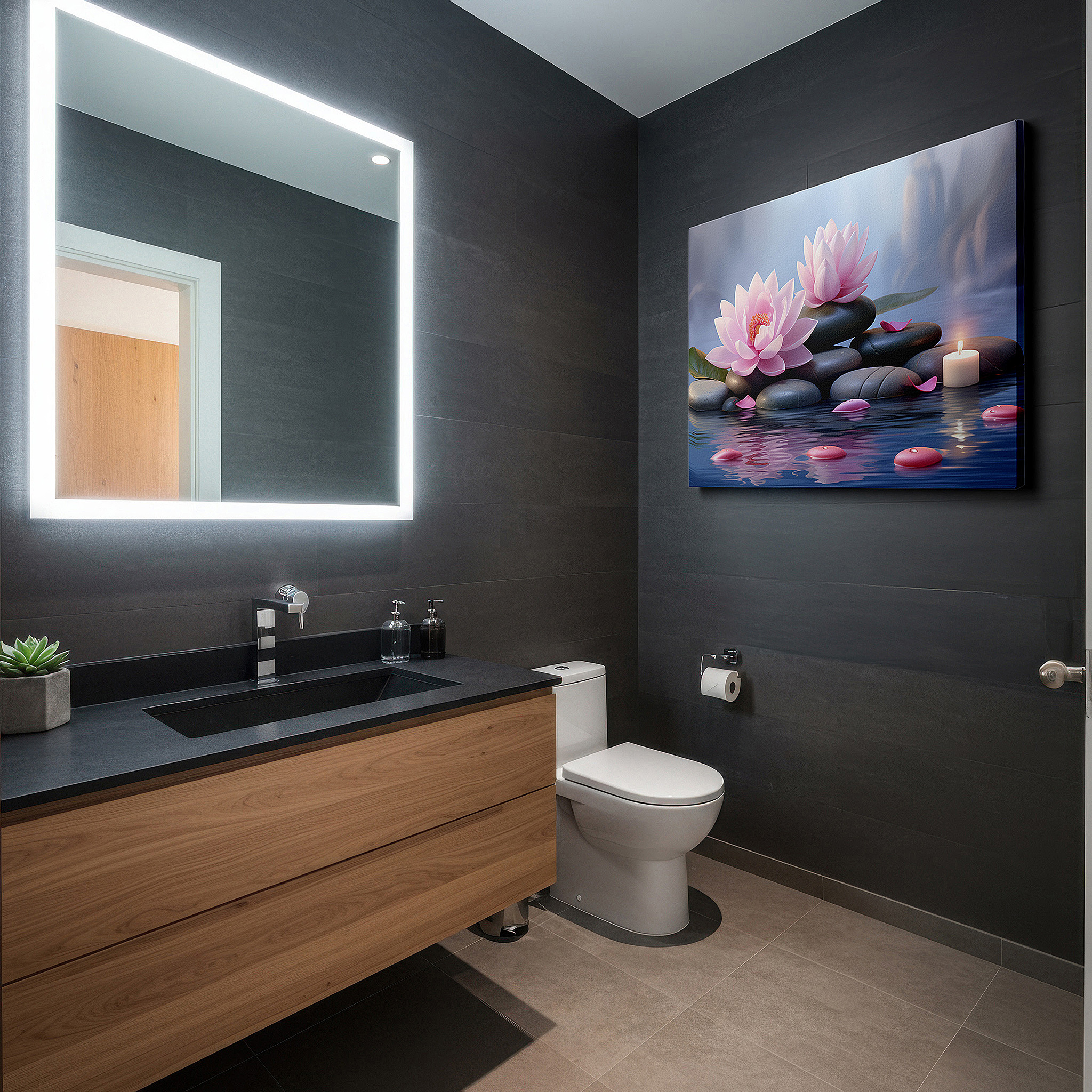 Available in 30×20 cm — a subtle addition to small personal spaces — tranquil lotus blossoms and candles in a serene water garden: large canvas wall art for office, bedroom, and living room decor