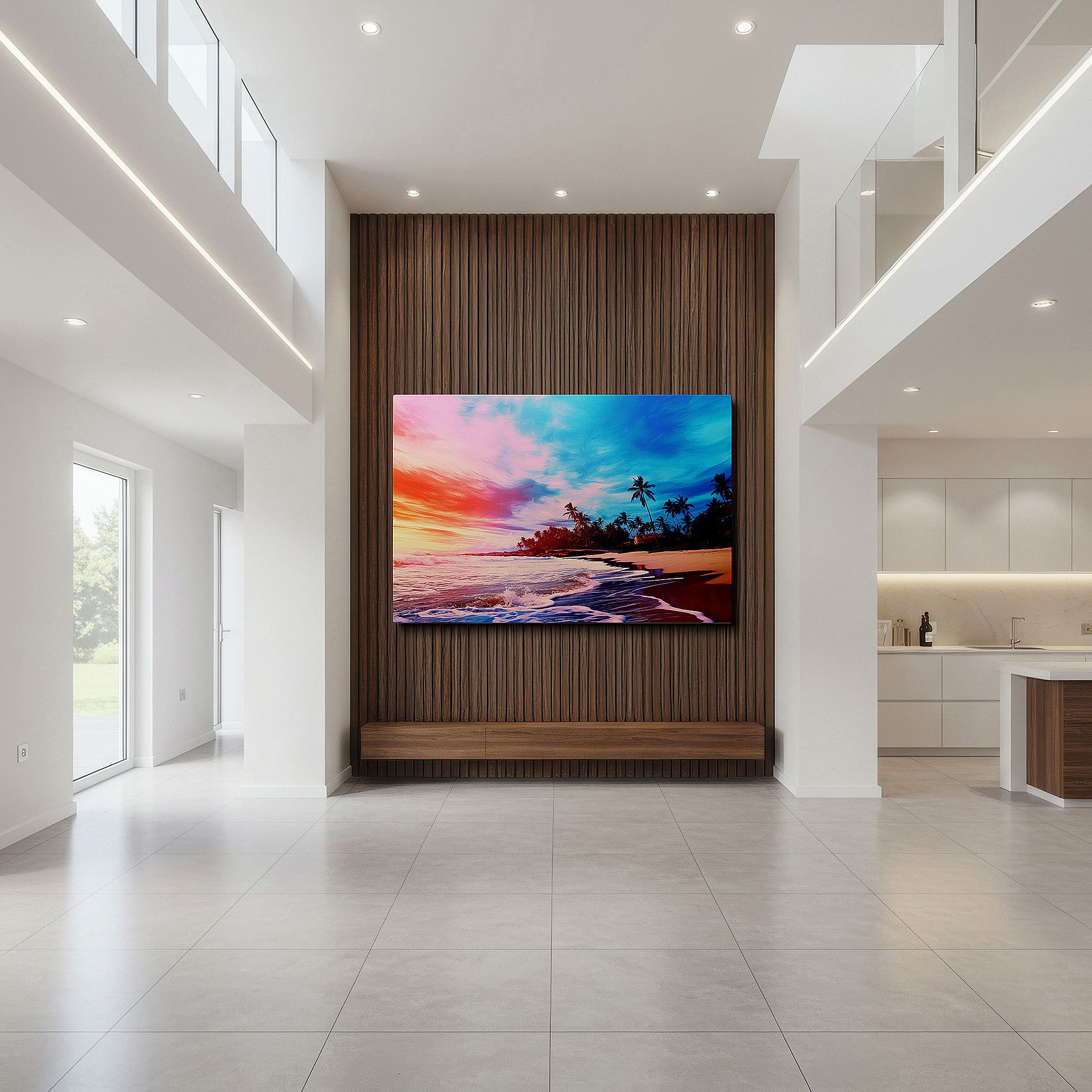 Available in 30×20 cm — a subtle addition to small personal spaces — tropical sunset serenity: large canvas wall art featuring lush palms and fiery skies for office, bedroom, and living room decor