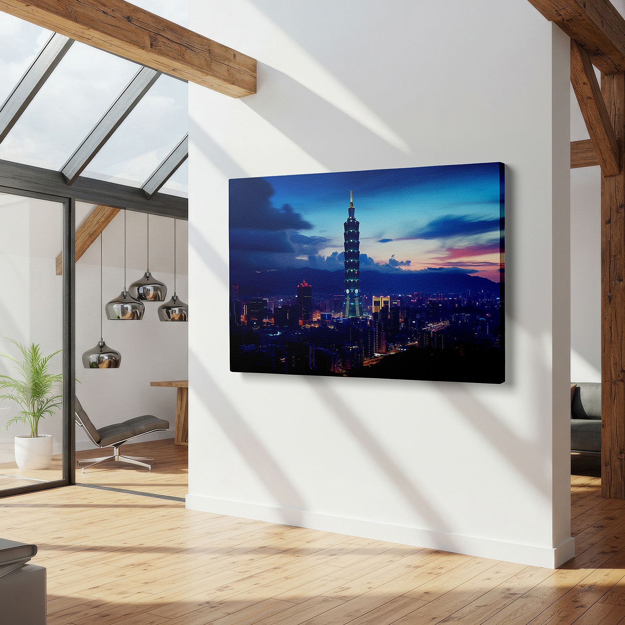 Available in 30×20 cm — a subtle addition to small personal spaces — twilight majesty over taipei 101 - clouds and city lights dance large wall art, canvas wall art, wall decor for office and bedroom