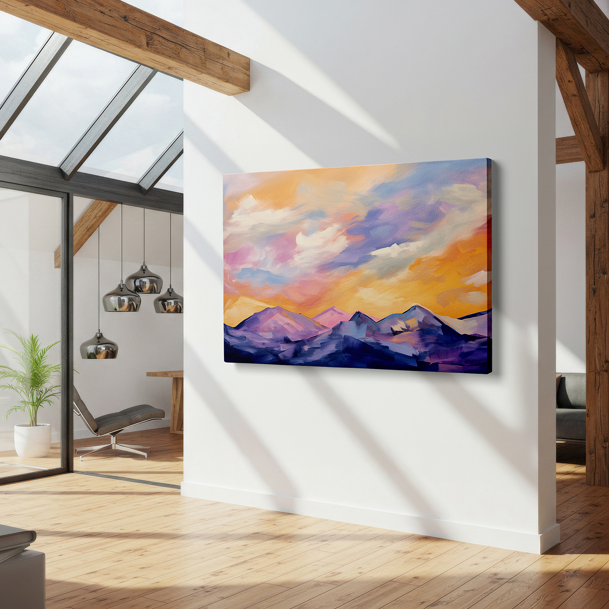 Available in 30×20 cm — a subtle addition to small personal spaces — twilight's majestic shift - abstract mountain landscape in purple, pink, and orange hues, large canvas wall art for home and office decor