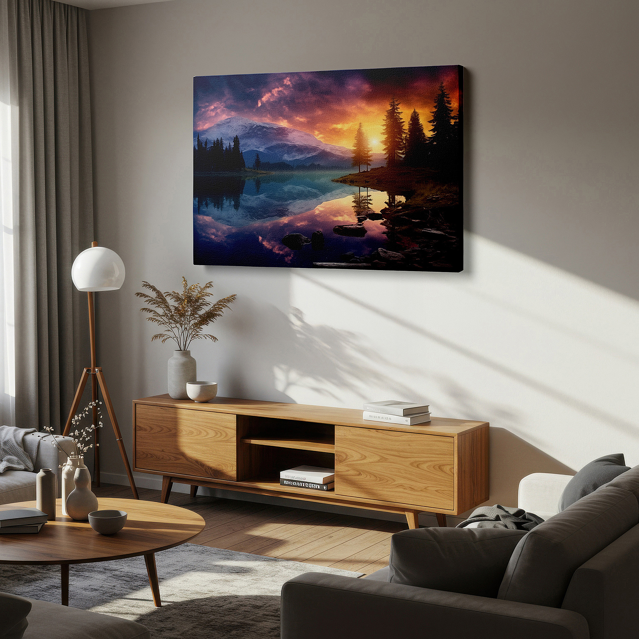 Available in 30×20 cm — a subtle addition to small personal spaces — twilight tapestry wall art featuring serene lake reflections, majestic trees, and vibrant orange and purple hues - large canvas wall art