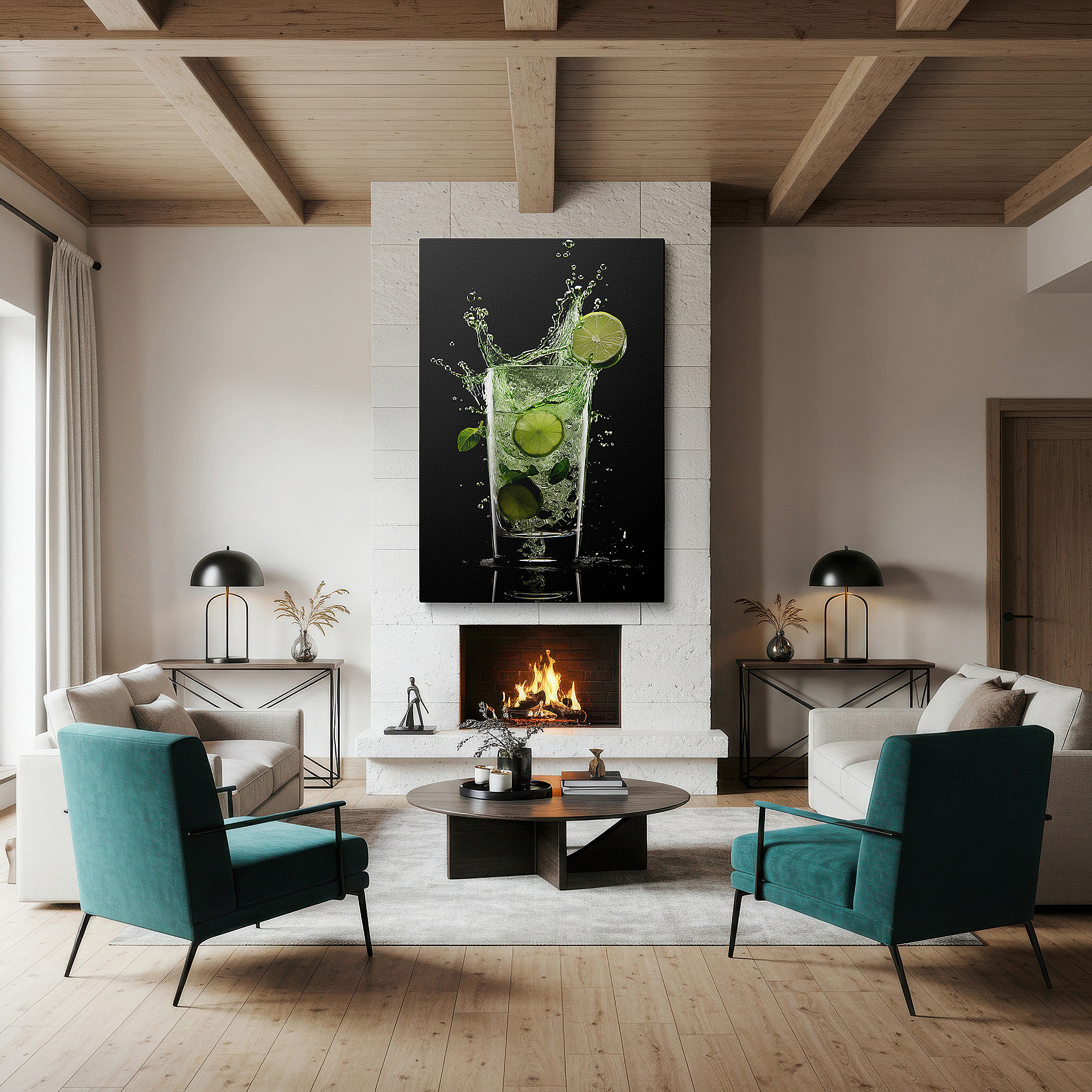Available in 30×20 cm — a subtle addition to small personal spaces — vibrant limeade splash wall art with radiant greens and dynamic lighting, large canvas wall decor for office and bedroom