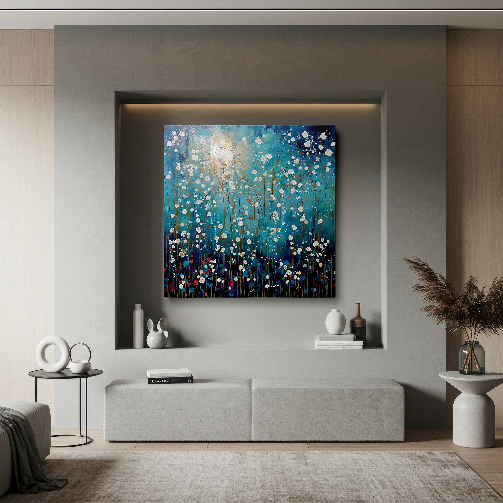 Available in 30×20 cm — a subtle addition to small personal spaces — vibrant night garden: celestial blooms and abstract florals in large wall art, canvas wall art, wall decor for office and bedroom