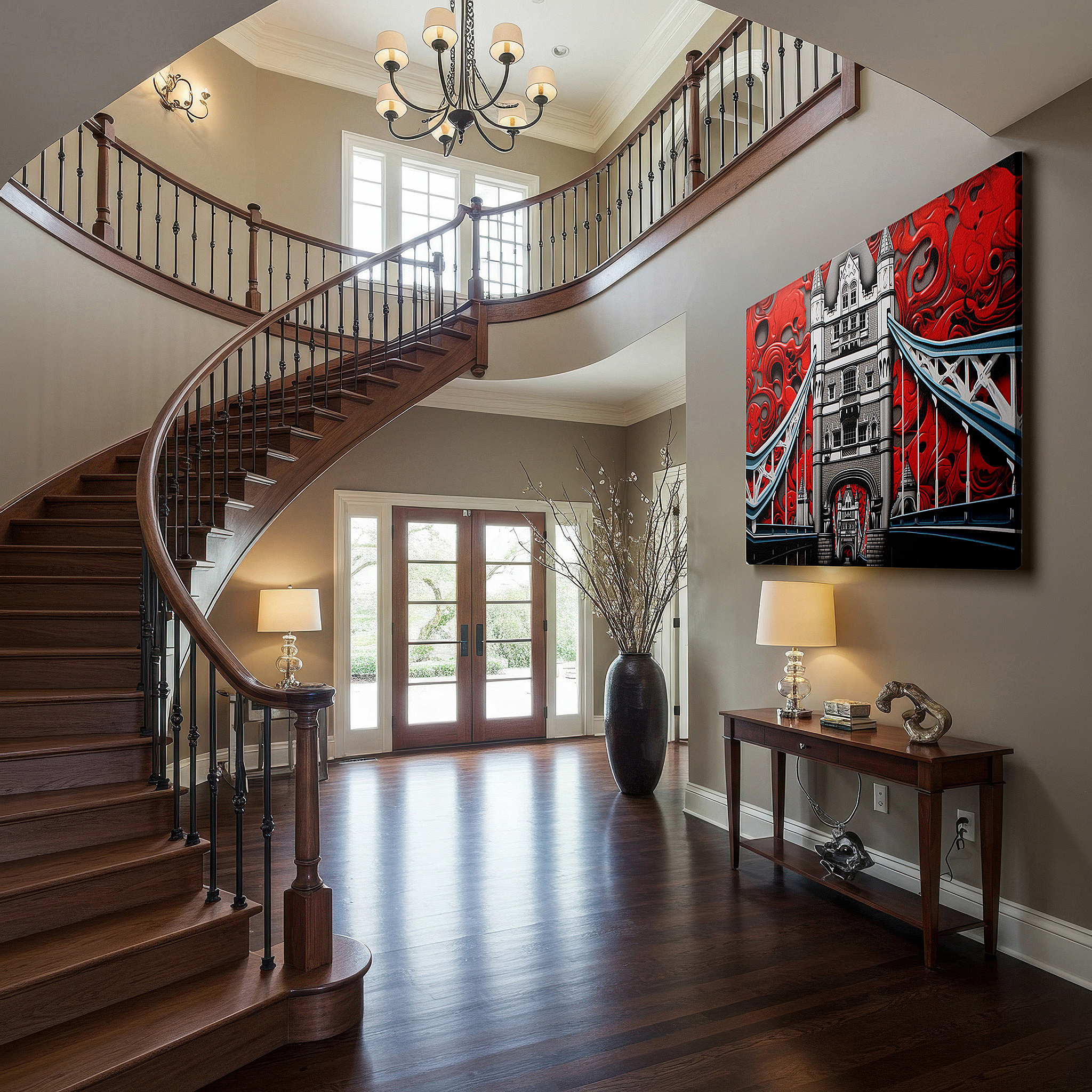 Available in 30×20 cm — a subtle addition to small personal spaces — vibrant red and black tower bridge canvas wall art, perfect for office or bedroom decor