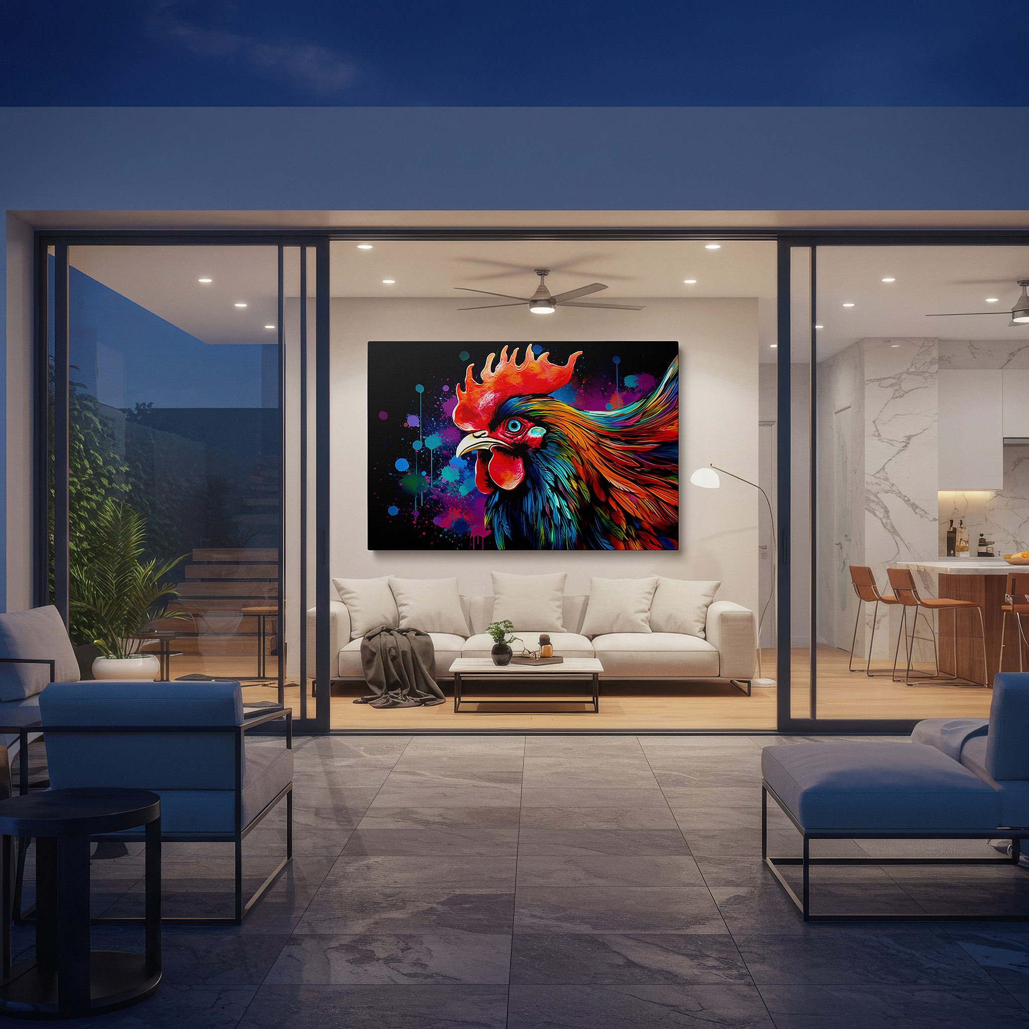Available in 30×20 cm — a subtle addition to small personal spaces — vibrant rooster mid-crow, emblem of dawn and fresh starts, large canvas wall art for office, bedroom, and living room decor