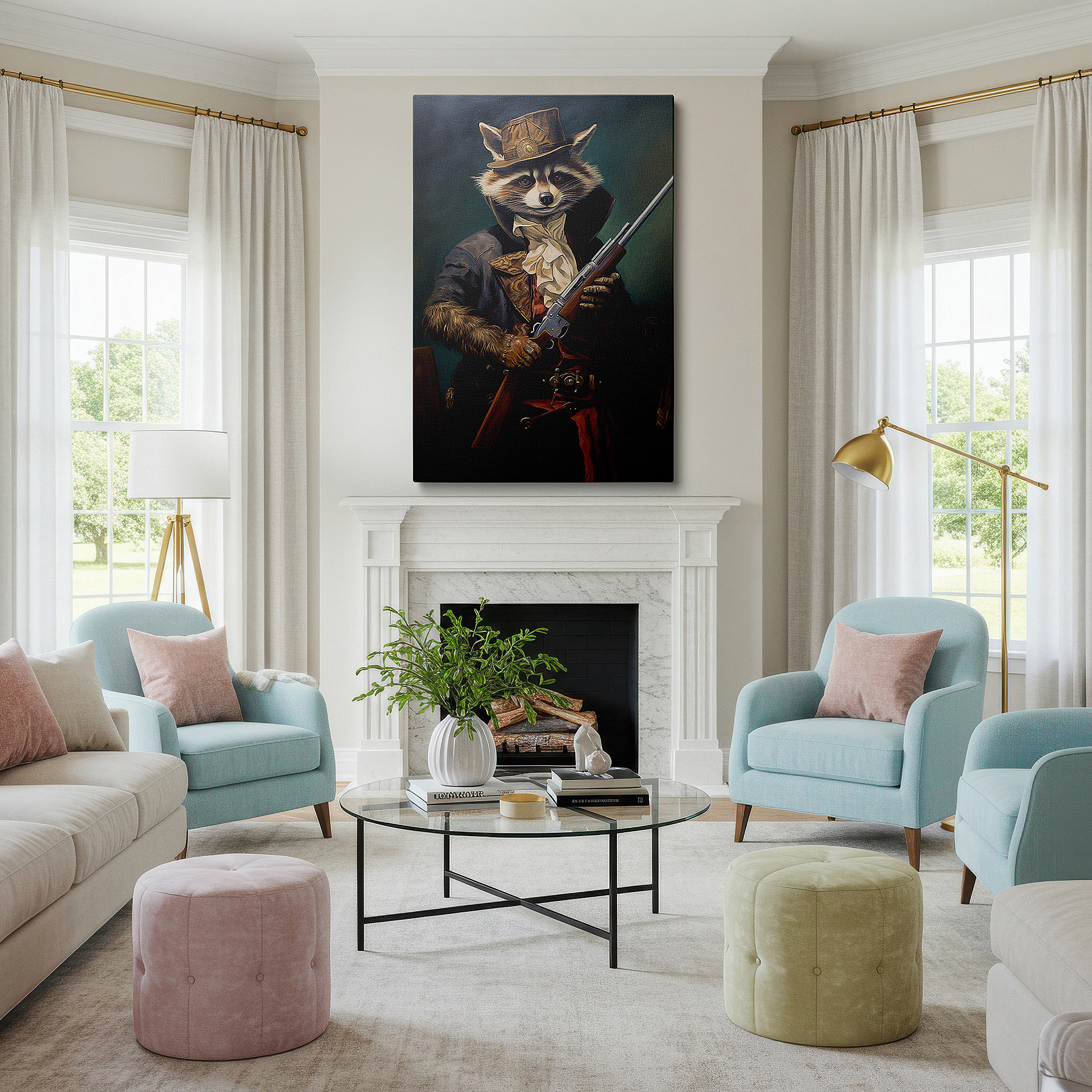 Available in 30×20 cm — a subtle addition to small personal spaces — victorian-era raccoon in royal outfit with antique rifle in lush forest scene - large canvas wall art for office and bedroom decor