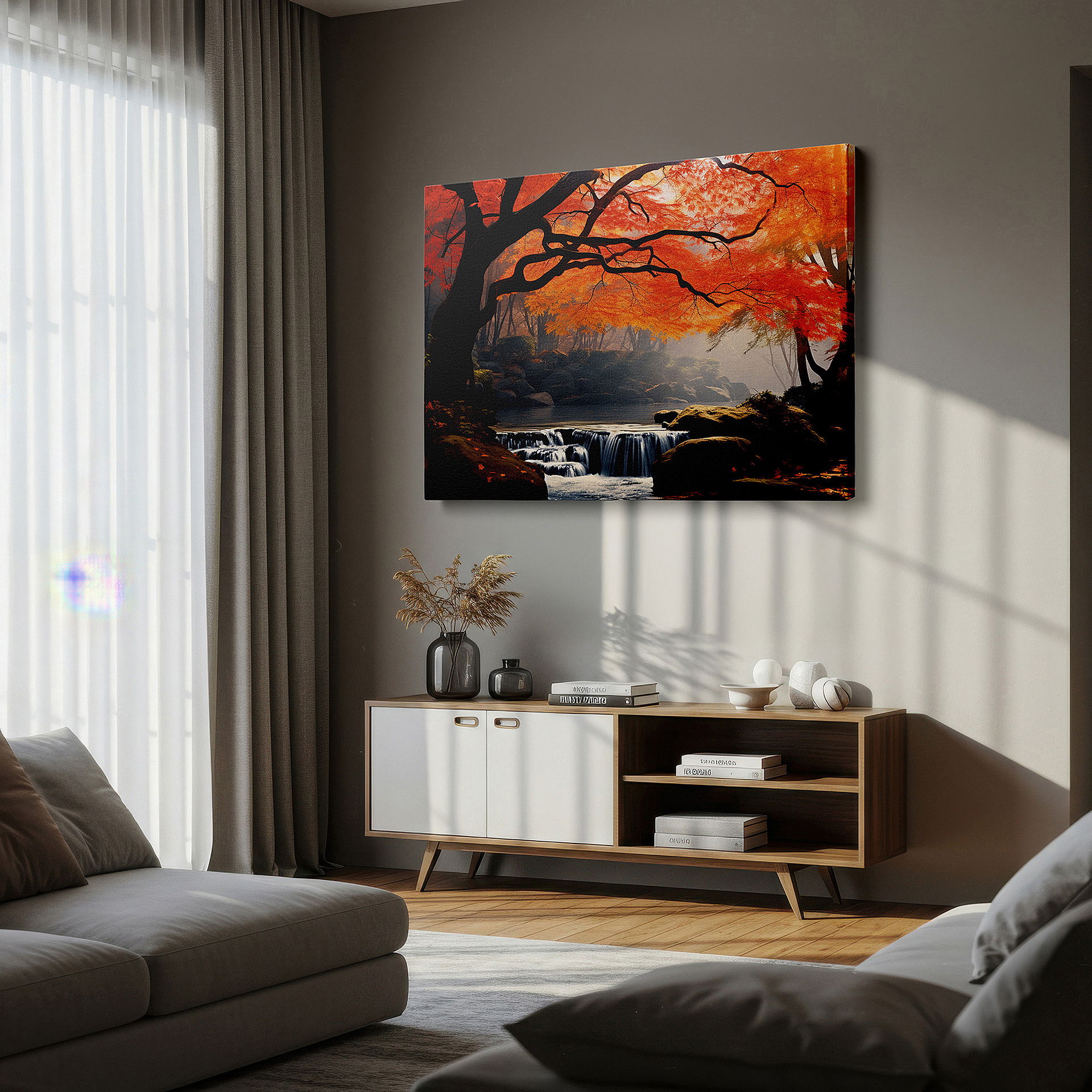 Available in 30×20 cm — a subtle addition to small personal spaces — wall art: "autumn's embrace" - tranquil stream amidst fiery forest colors, large canvas wall art for office and bedroom decor