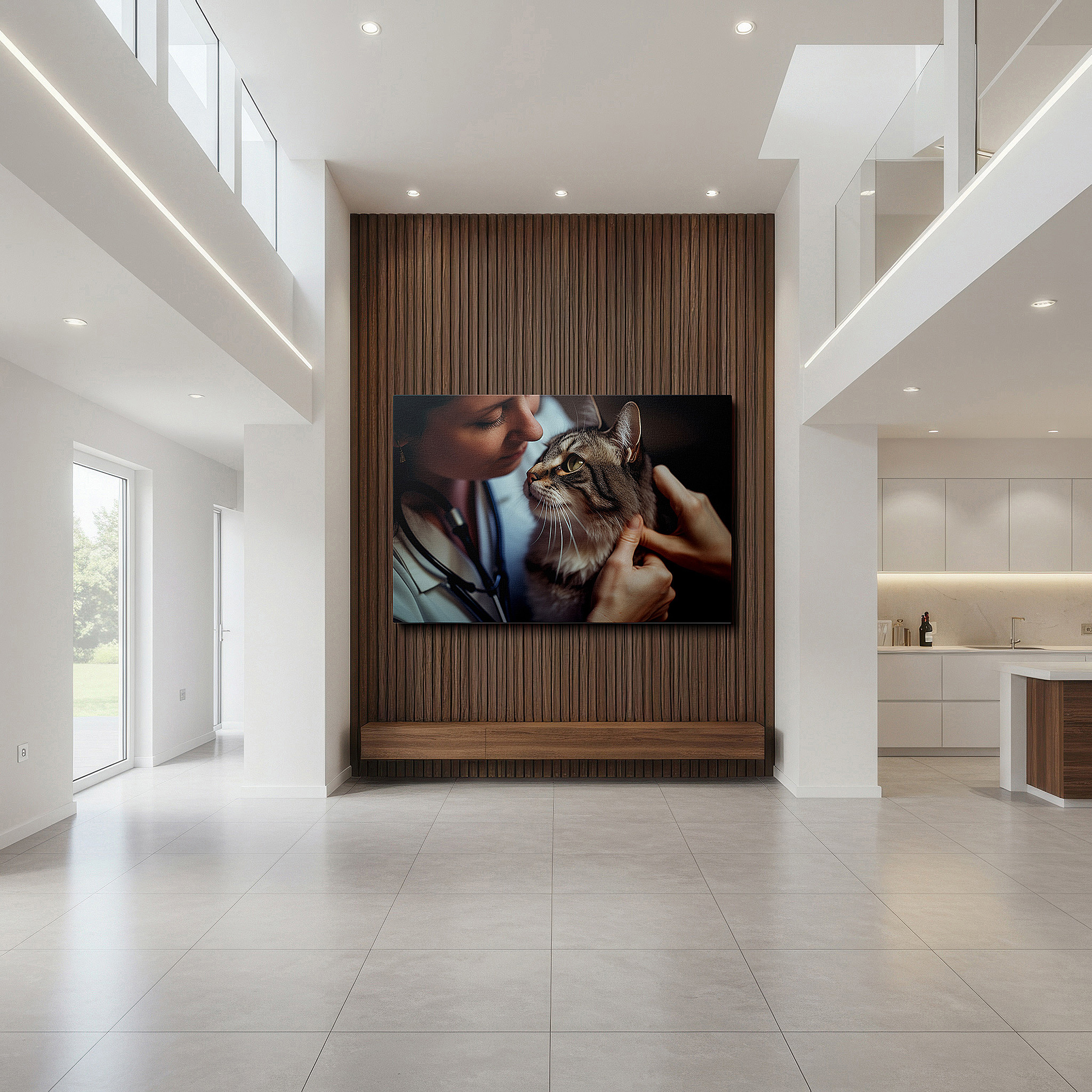 Available in 30×20 cm — a subtle addition to small personal spaces — wall art: celebrating compassionate care - a tender moment between a veterinarian and a cat. ideal for office, bedroom, and home decor, available as large canvas wall art.