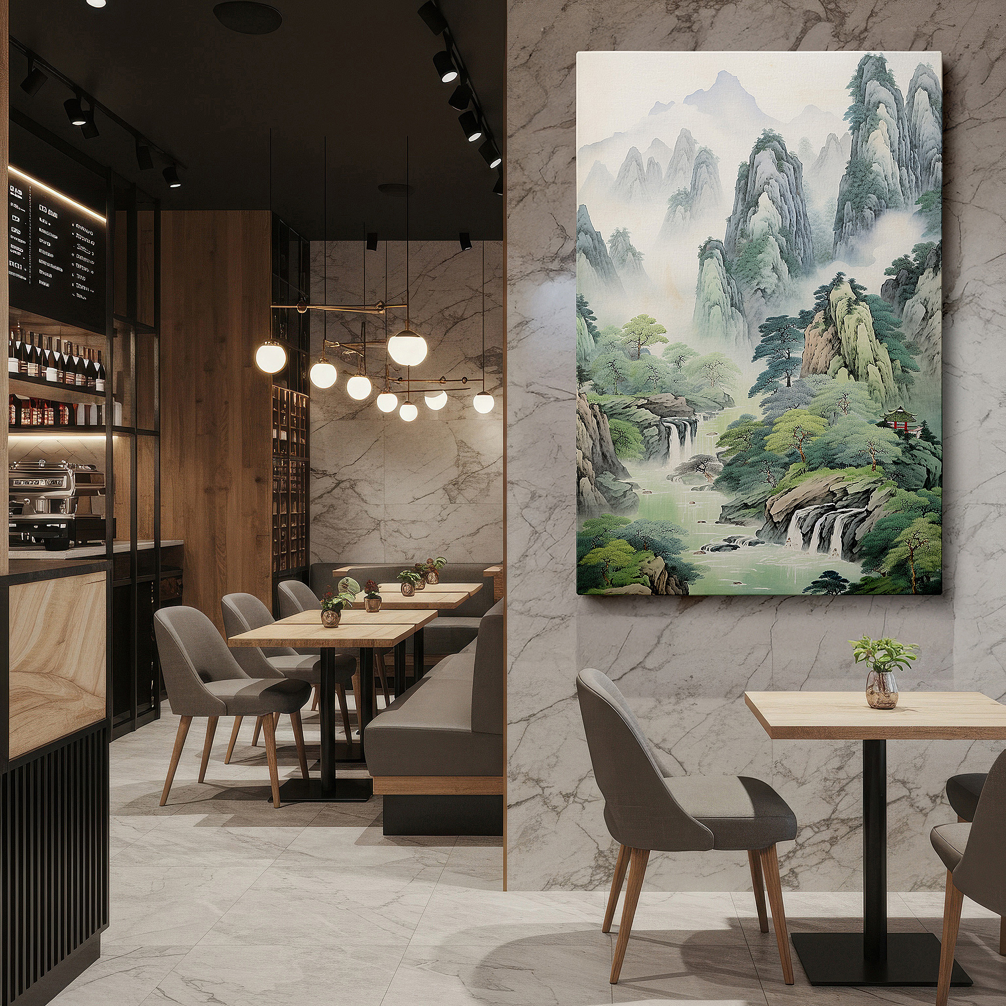 Available in 30×20 cm — a subtle addition to small personal spaces — wall art: enchanting valley scene with foggy mountains, lush greenery, and waterfalls - large canvas art for home and office decor, perfect for living room and bedroom