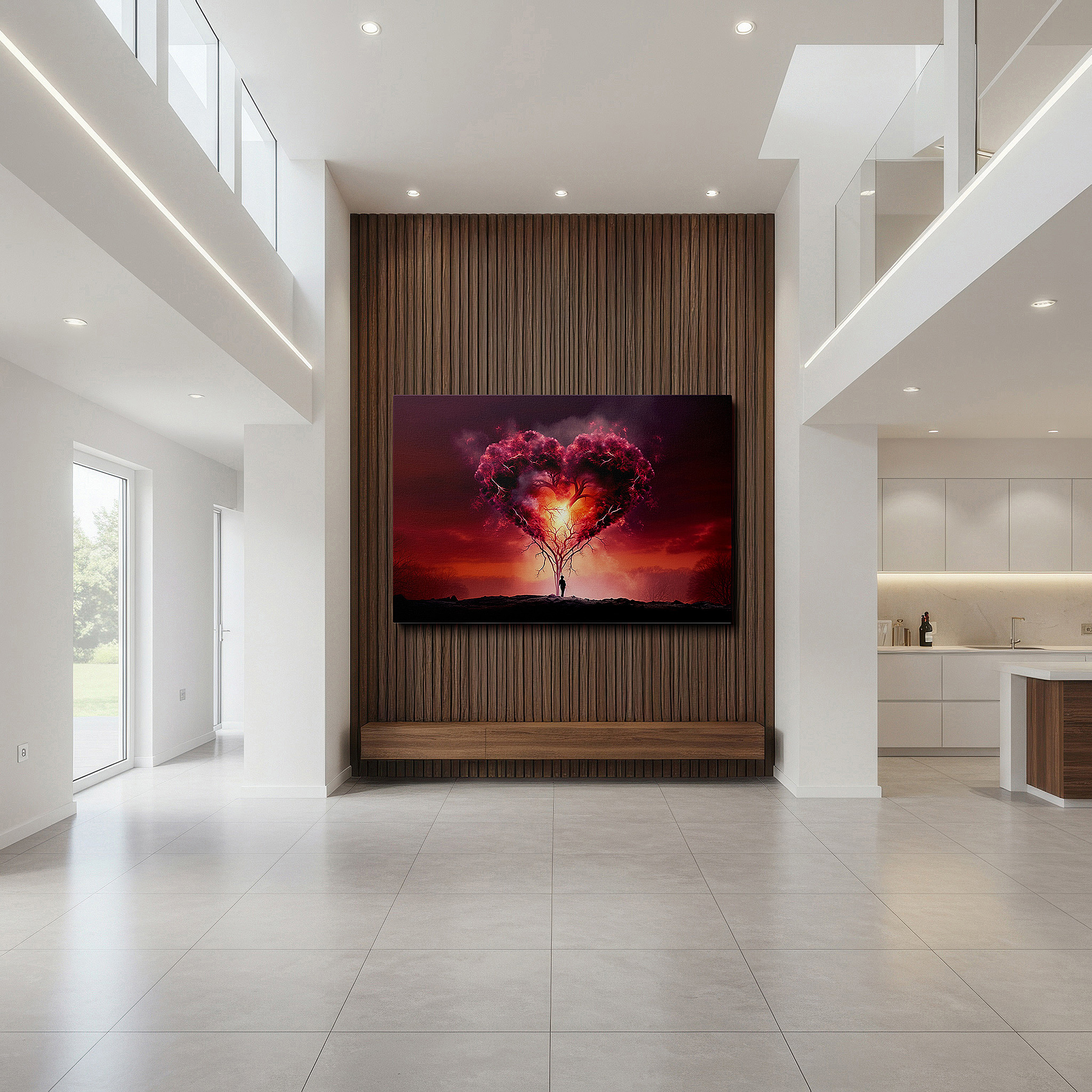 Available in 30×20 cm — a subtle addition to small personal spaces — wall art: heart-shaped tree with fiery background - symbolizing the intensity of love and the serenity of nature. large canvas wall art for home and office decor.