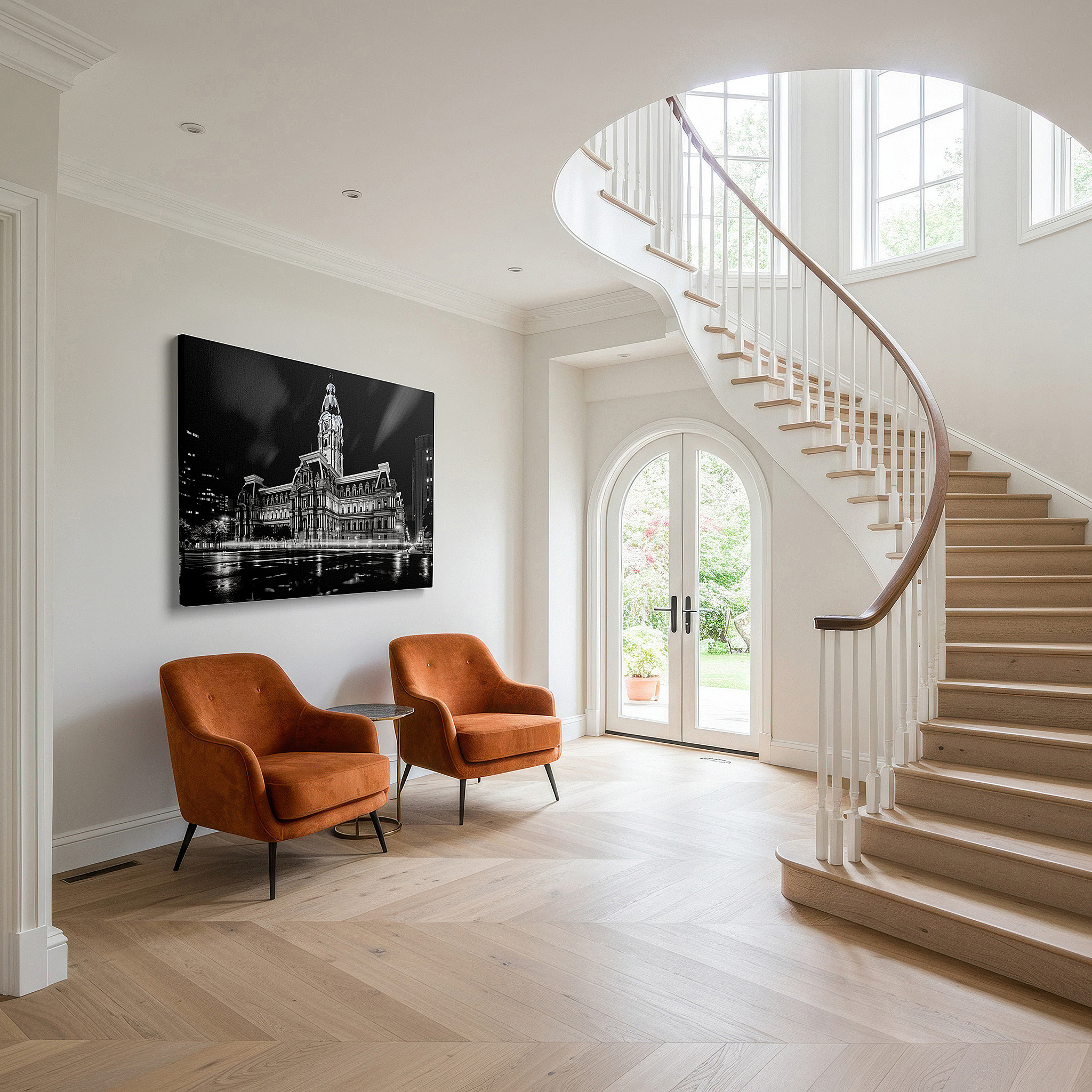 Available in 30×20 cm — a subtle addition to small personal spaces — wall art: majestic city hall at night - monochrome symphony of light and shadow. large canvas wall art for office and bedroom decor.