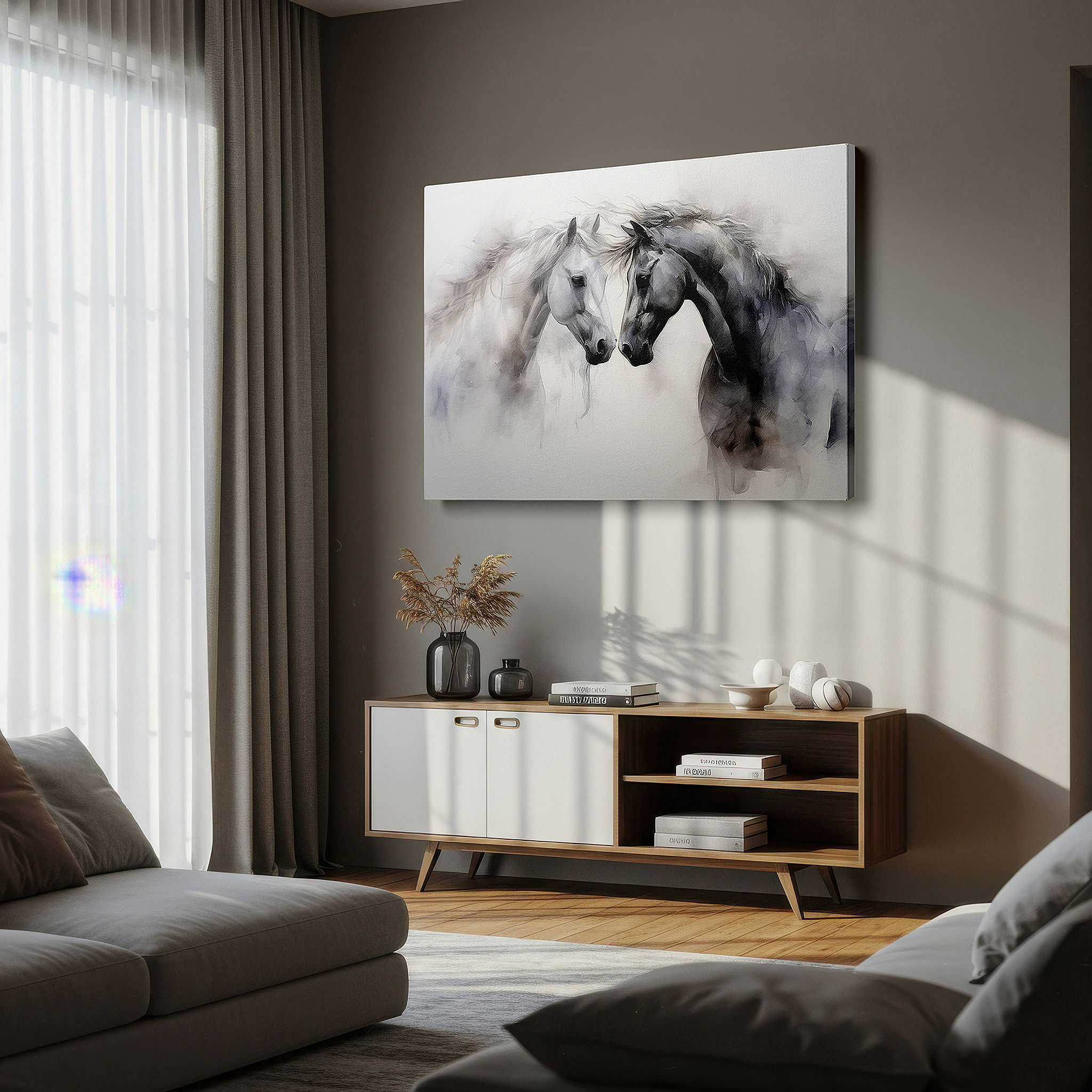 Available in 30×20 cm — a subtle addition to small personal spaces — wall art: serene moments of majestic horses in soft abstract - large canvas art featuring companionship and serenity in muted earth tones