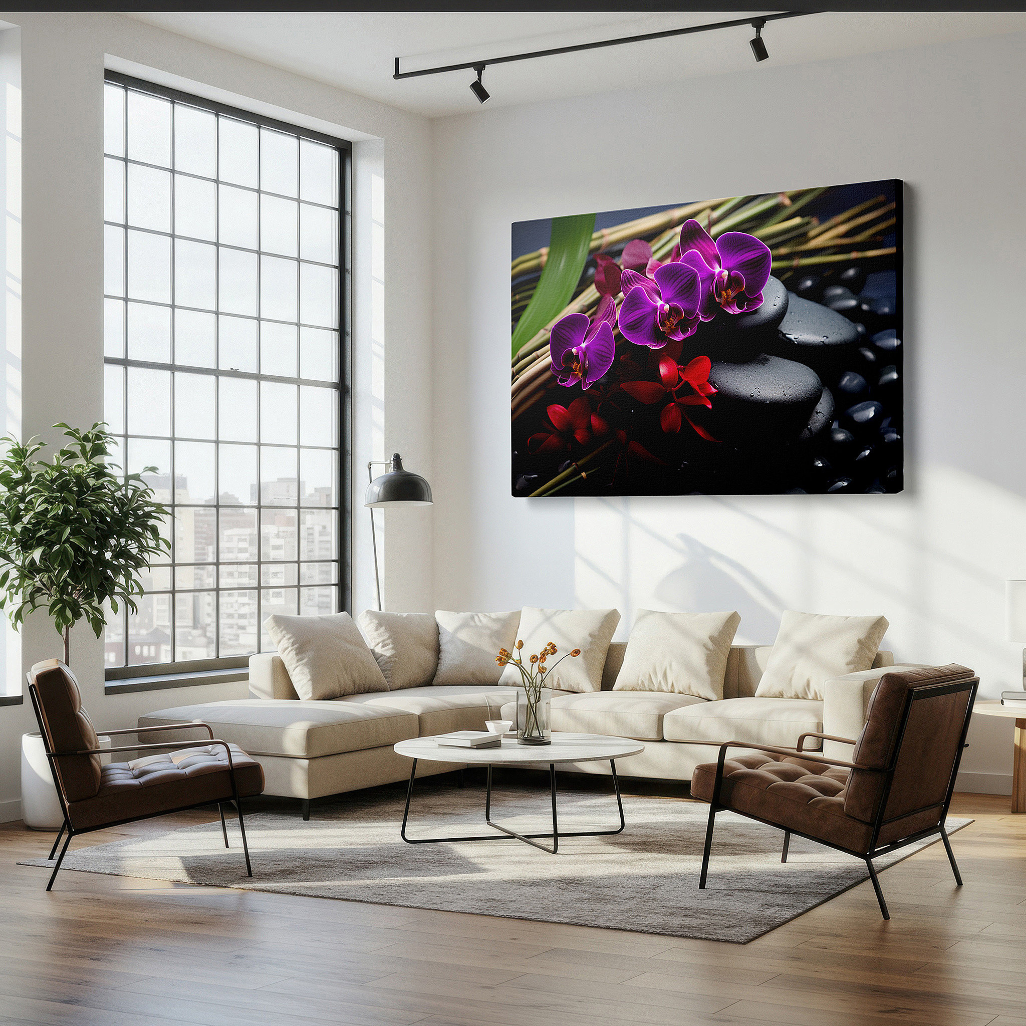Available in 30×20 cm — a subtle addition to small personal spaces — wall art: serene nature scene featuring purple orchids, smooth stones, and slender bamboo - large canvas wall art for office decor